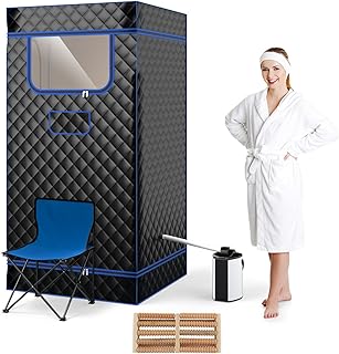 HOMASIS Dampfsauna tragbar, Heimsauna mit Dampfgenerator 3 Liter, Sauna für Zuhause mit Fernbedienung, 9 Temperaturstufen & 9 Timer, Mobiles Saunazelt mit Klappstuhl & Fußmassagegerät (Schwarz)