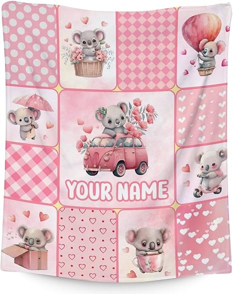 Personalized Koala Blanket Gifts with Name - 30"x40" Cute Throw for Women, Girls - Pink Soft Fuzzy Blankets for Couch & Office