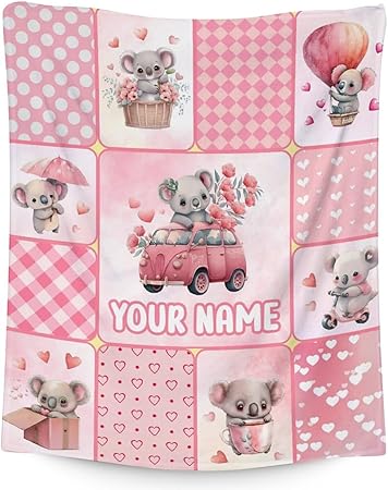 Personalized Koala Blanket Gifts with Name - 30"x40" Cute Throw for Women, Girls - Pink Soft Fuzzy Blankets for Couch & Office
