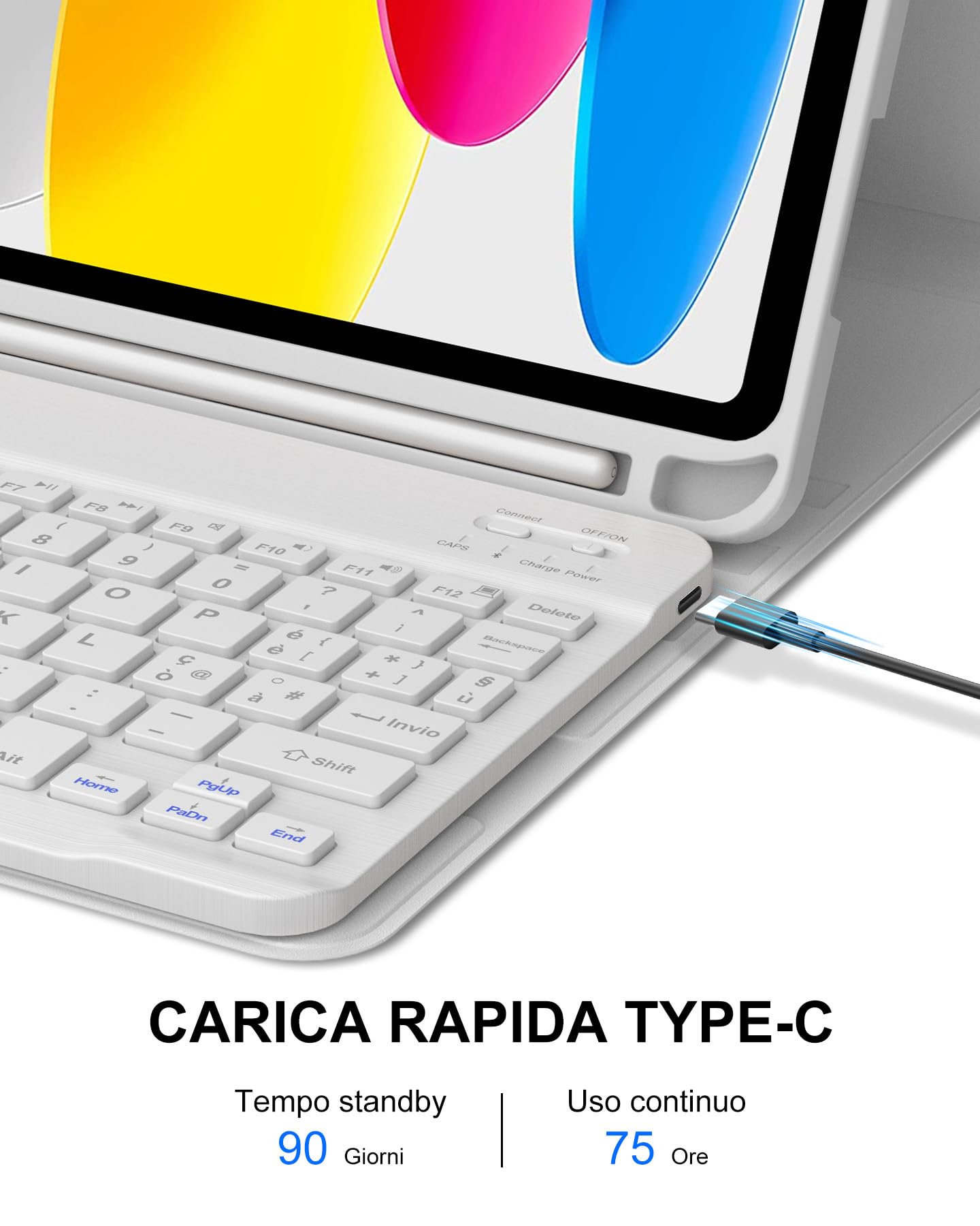 Cover con Tastiera per iPad A16 11" Gen (2025) e 10.9" Gen (2022), Italiano QWERTY, Senza Retroilluminazione e Senza Touchpad, Bluetooth 5.0, con Porta Penna Sottostante, Grigio Chiaro