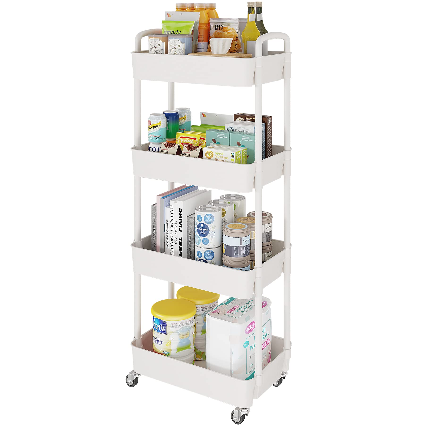 Laiensia 4-Tier Storage Cart,Multifunction Utility Rolling Cart Kitchen Storage Organizer,Mobile Shelving Unit Cart with Lockable Wheels for Bathroom,Laundry,Living Room,With Classified Stickers,White