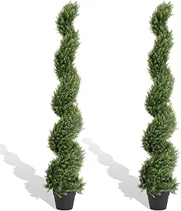 THE BLOOM TIMES 5ft Artificial Topiary Trees Set of 2, Faux Cedar Cypress Spiral Topiary Trees Outdoor - Fake Plants for Garden Front Porch Indoor Outside Planter Decor 5 Foot