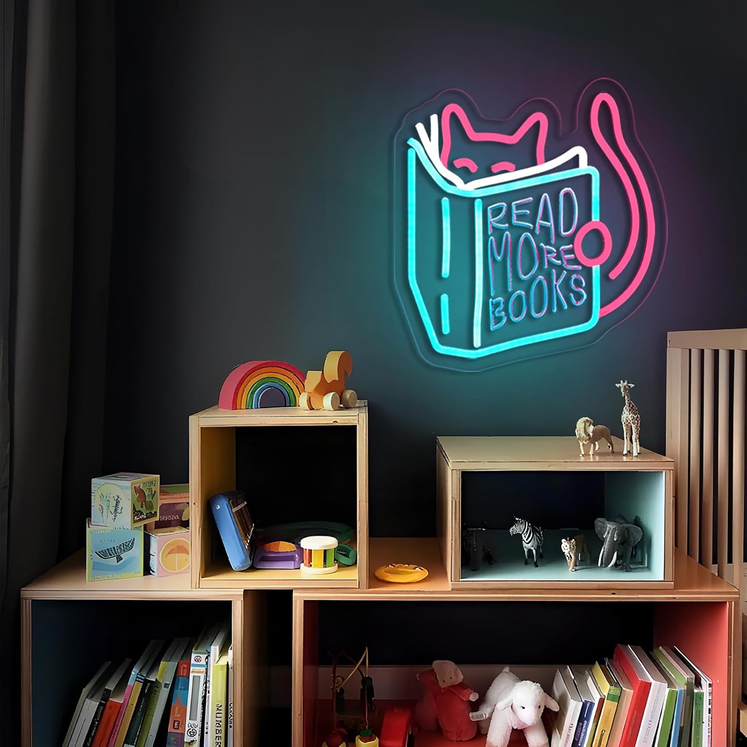 Read More Books Neon Sign Read Books and Be Kind Neon Signs for Wall Decor Cute Animal Reading USB Dimmable LED Lights for Student Suitable for Classroom Bookstore Library Museum Study Room Gift for Teen Boys Girls Christmas