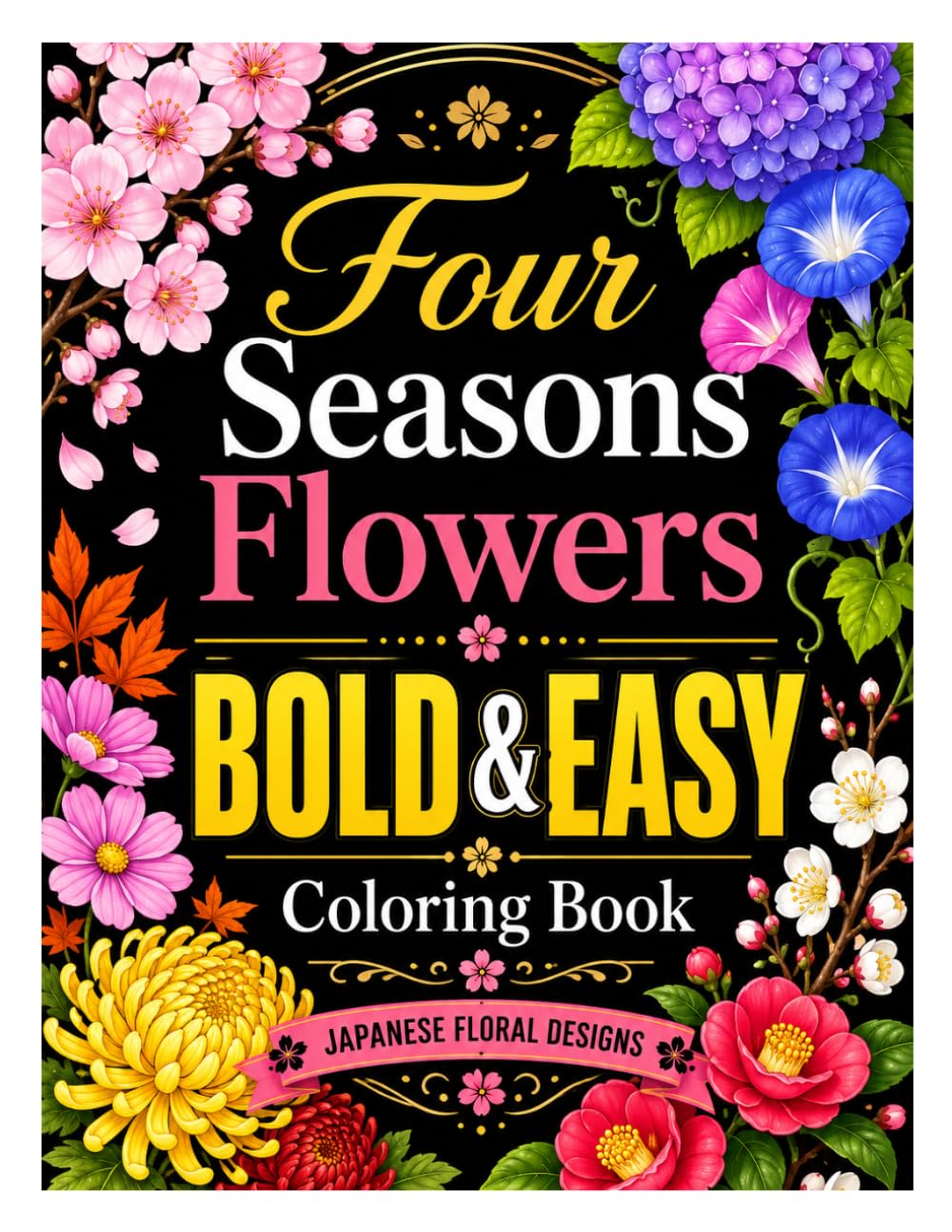 Four Seasons Flowers Bold & Easy Coloring Book: Japanese Floral Designs for Adults and Beginners