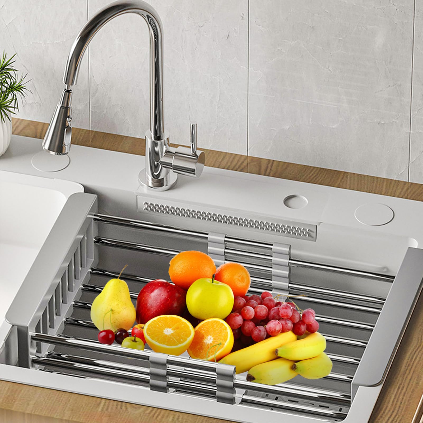 Panier égouttoir Extensible Pour évier - Inox 304, Double étage, Pour Fruits Et Légumes - Drainoire Pratique Cuisine