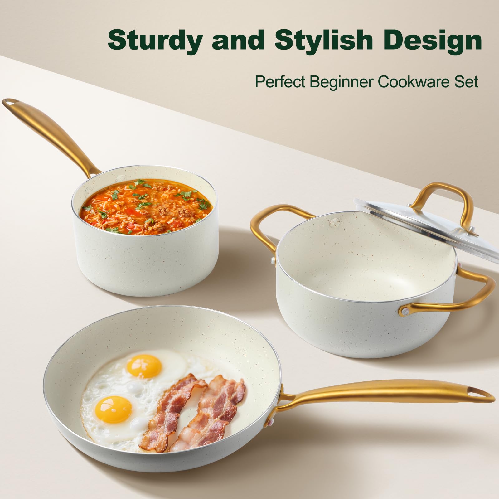 M MELENTA Batterie de cuisine induction 7 pièces, 2 Casseroles 16/20cm + 1 Poele 24cm, Lot casserole et poele anti adhesive, Avec poignée dorée et ustensiles, Compatible Four, Blanc