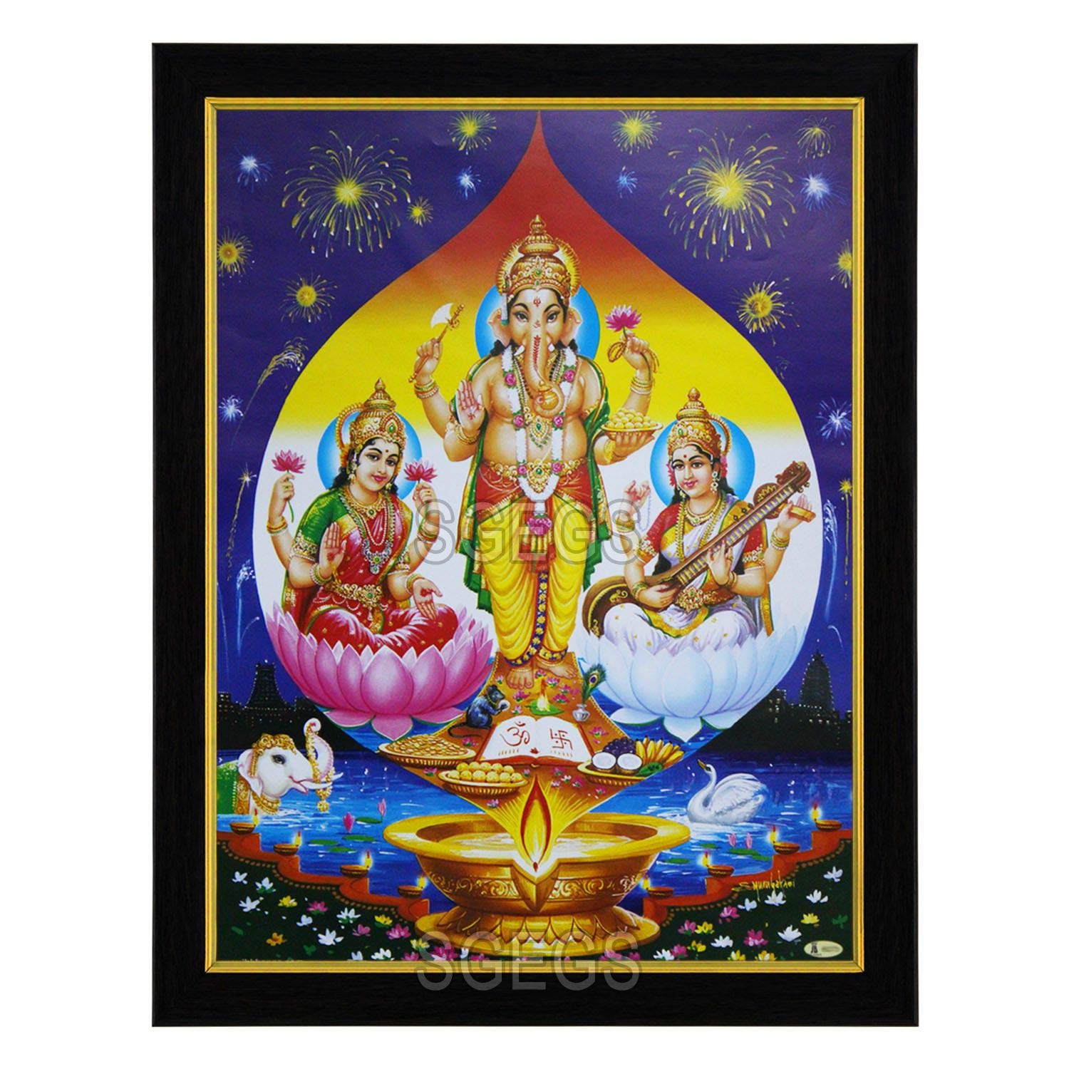 SHREE GANESH ENTERPRISE GIFTING SOLUTIONS Ganesh Lakshmi Saraswati HD Photo Frame God Goddess Painting Diwali Pooja Wall Hanging (Wood, Poster with Frame, Multicolour, 23.5x1x31cm)