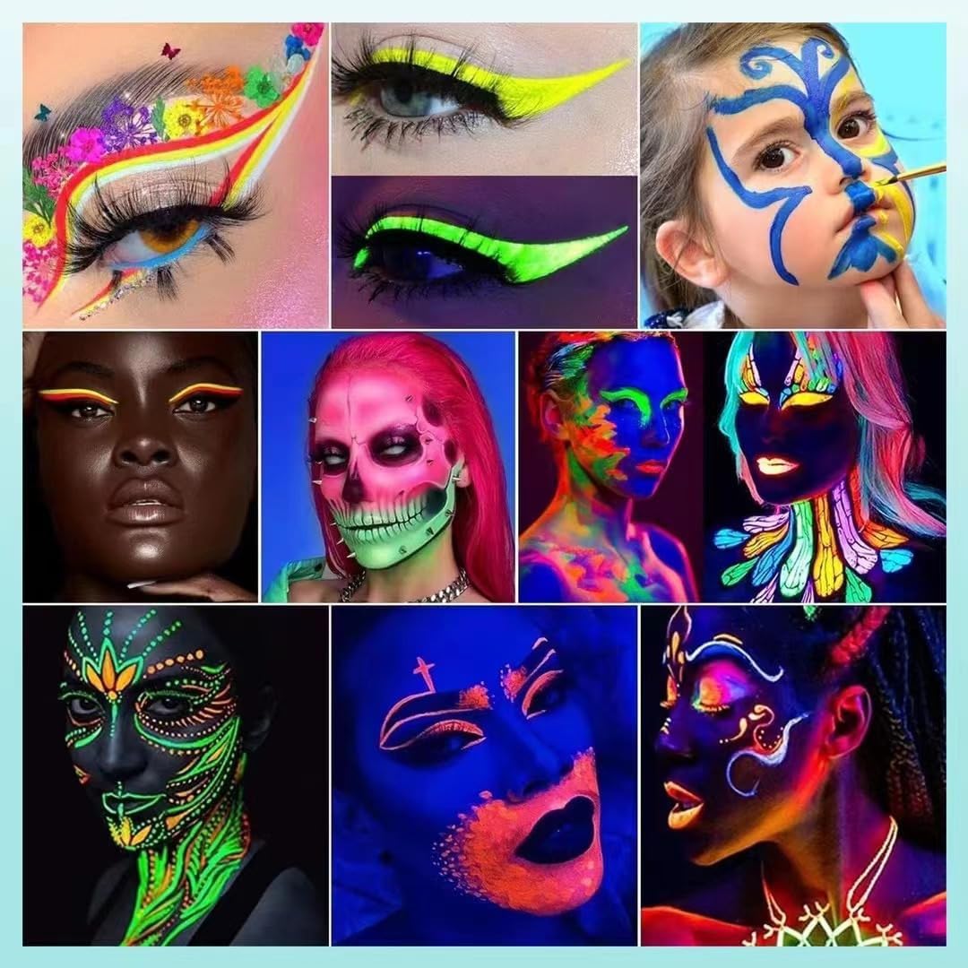 World Cup Glow in The Dark Glitter Gel with UV Neon Liquid Eyeliner Pen Set, Face Painting Makeup Kit, Christmas Mardi Gras Valentines Accessories for Women, Party Favors, Rave Accessories