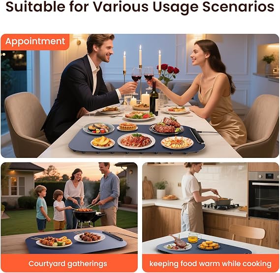 Food Warmer Mat 61x40 cm, 3-Level Temperature Warming Mat for Food - Electric Hot Plate for Keeping Food Warm, Warming Trays for Buffets, Food Warmers for the Table, Home, Parties & Thanksgiving