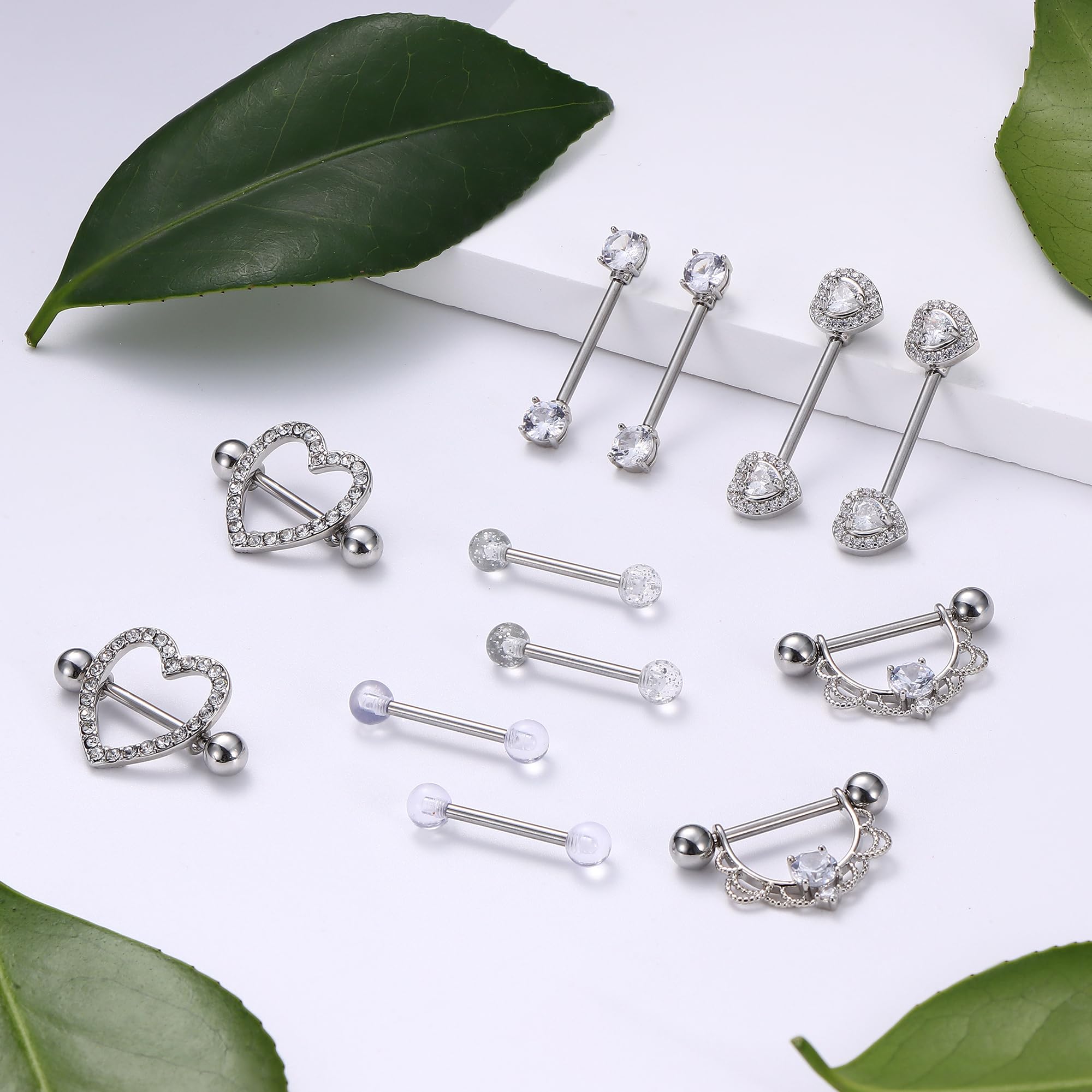Diamday 6 Paare Nippelpiercing 316L Chirurgenstahl Brustwarzenpiercing 14G CZ Zungenpiercing Nipple Piercings für Damen Hypoallergen Herz Nipplerings Barbell Piercing Nipple Körperschmuck Set