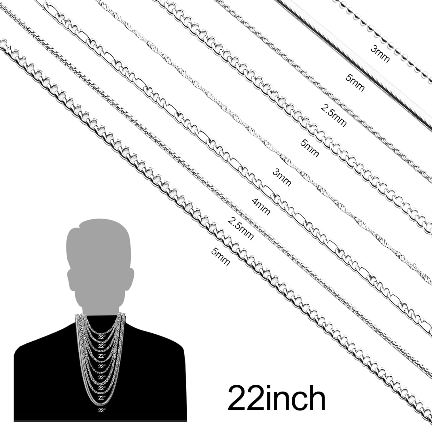 8 Pcs Chains for Men Stainless Steel Chain Necklace bulk Mens Necklace Jewelry Set Figaro Chain Cuban Link Chain Rope Chain Snake Chain - Image 2