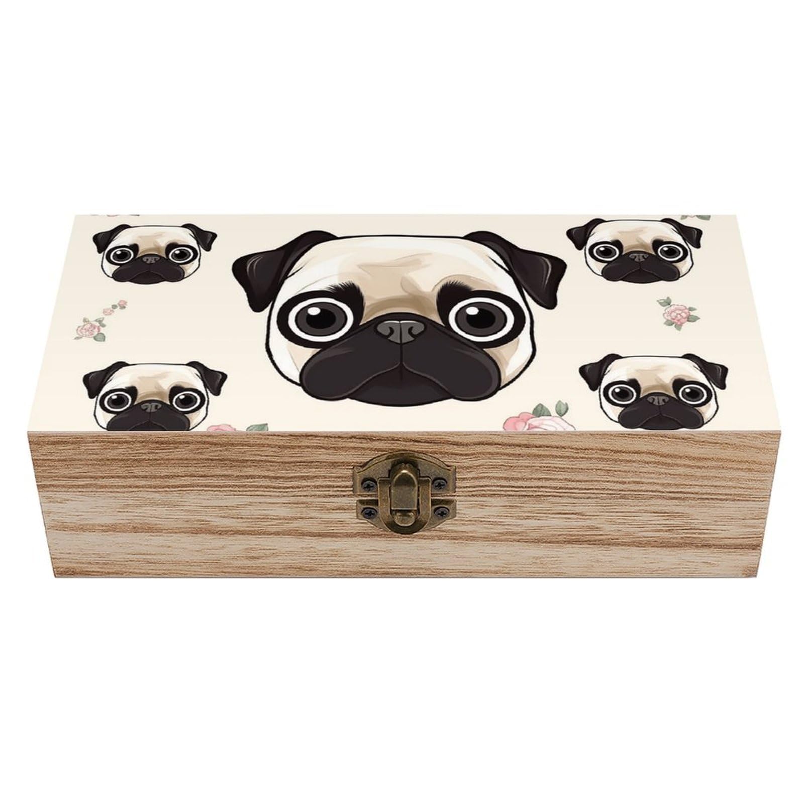 NONHAI Wooden Storage Box Line Pug Wood Gift Box with Hinged Lid Vintage Decorative Jewelry Boxes Memory Box for Jewelry Art Hobbies Home Storage Treasure Keepsake Gift 7.9''x3.9''x2.3''