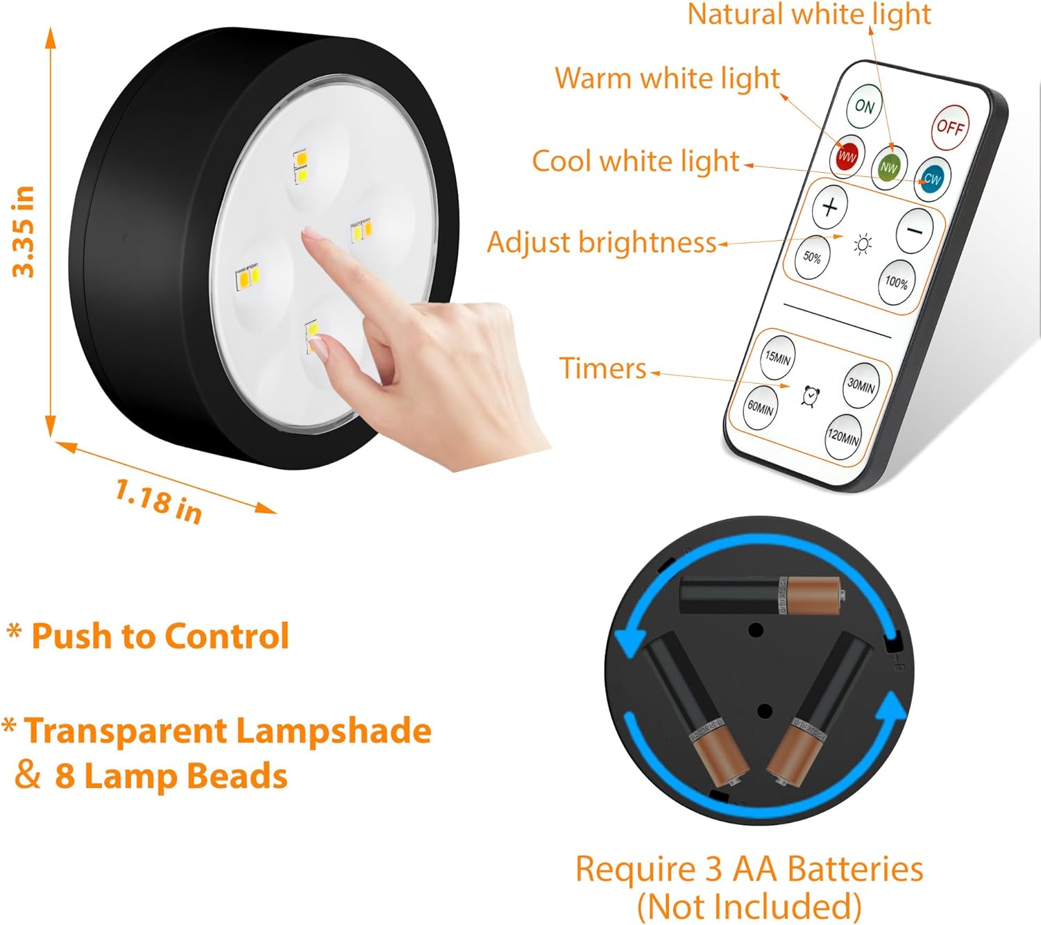 Juego De * Apliques * Con Pilas, Luz De Pared Negra Con Control Remoto Y Función Regulable Sin Necesidad De Cableado, Lámpara Inalámbrica Para Dormitorio, Bombilla Incluida