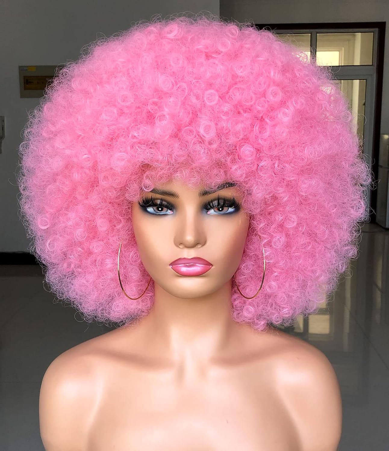 Short Afro Wig with Bangs for Black Women Afro Kinky Curly Wig 70s Premium Synthetic Big Afro Wigs(Blue)