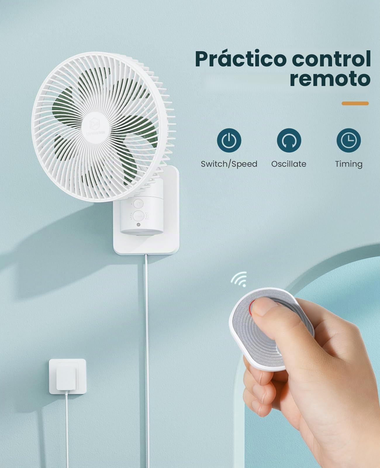 Ventilador oscilante montado en la pared de 8 pulgadas con control remoto, temporizador y ajustes de 4 velocidades, inclinación ajustable, cable de 70 pulgadas ultra silencioso, potente, 7 cuchillas,