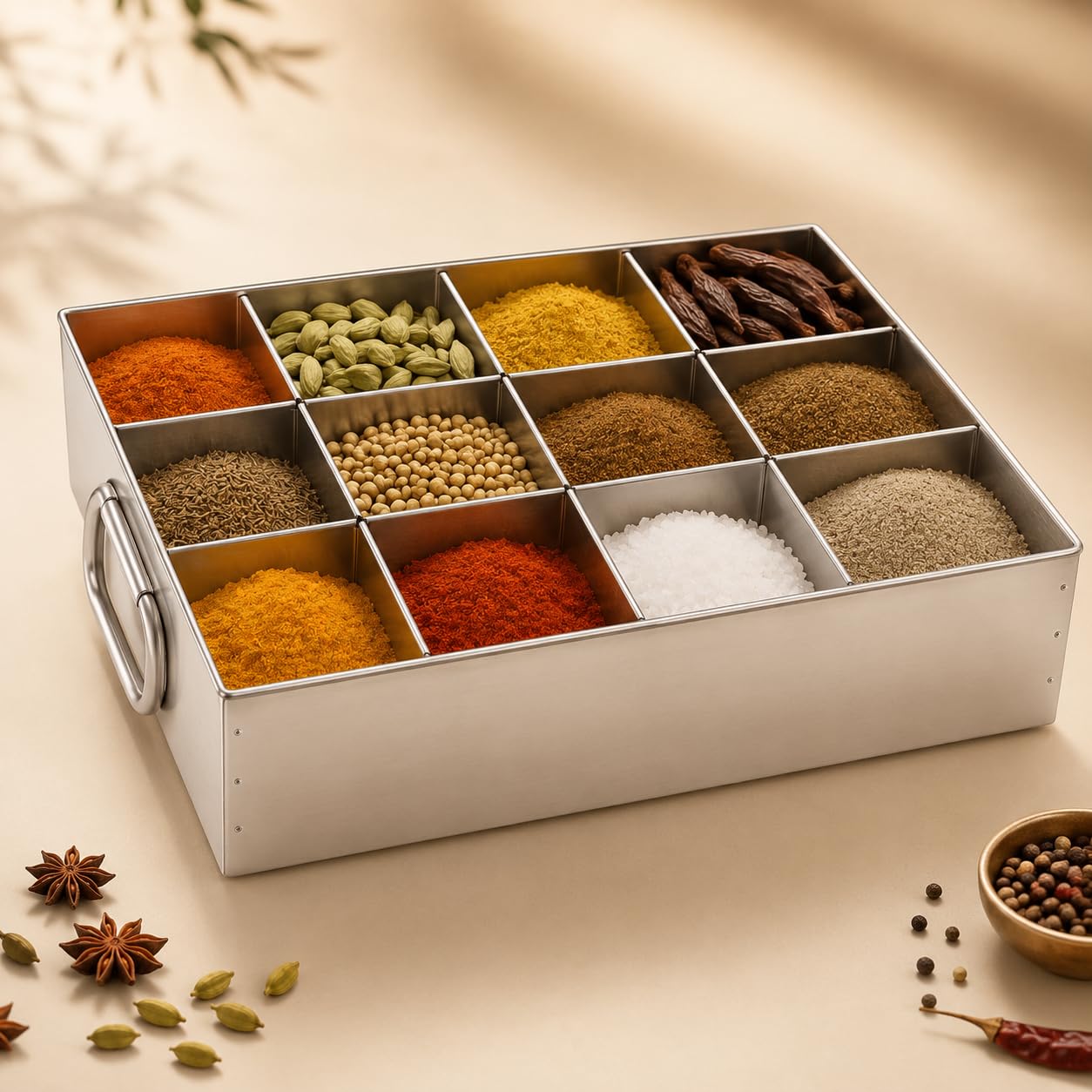 GURUBHAI EQUIPMENTS Stainless Steel Masala Peti | 12 Compartments Spice Box | Masala Container | Spice Box for Kitchen, Restaurant & Hotel use
