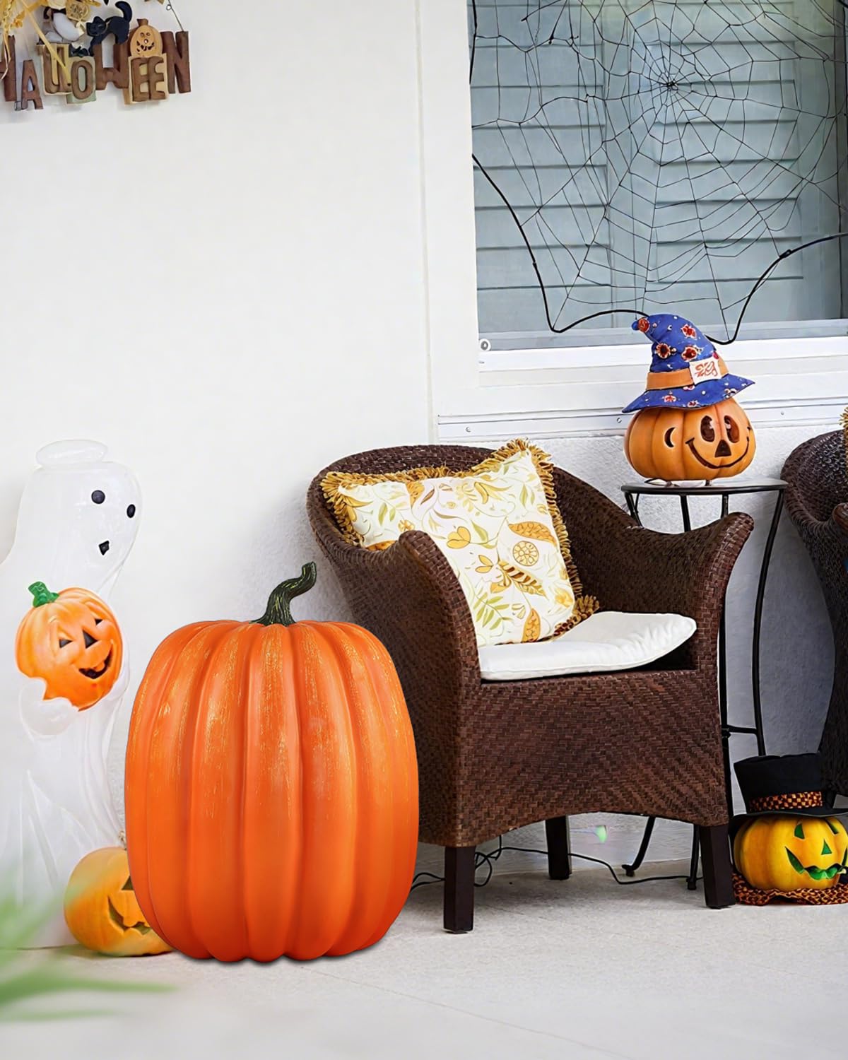 DuHouse Künstlicher Kürbis, groß, 48 cm, Dekoration für Halloween, Thanksgiving, Veranda, Innen- und Außenbereich