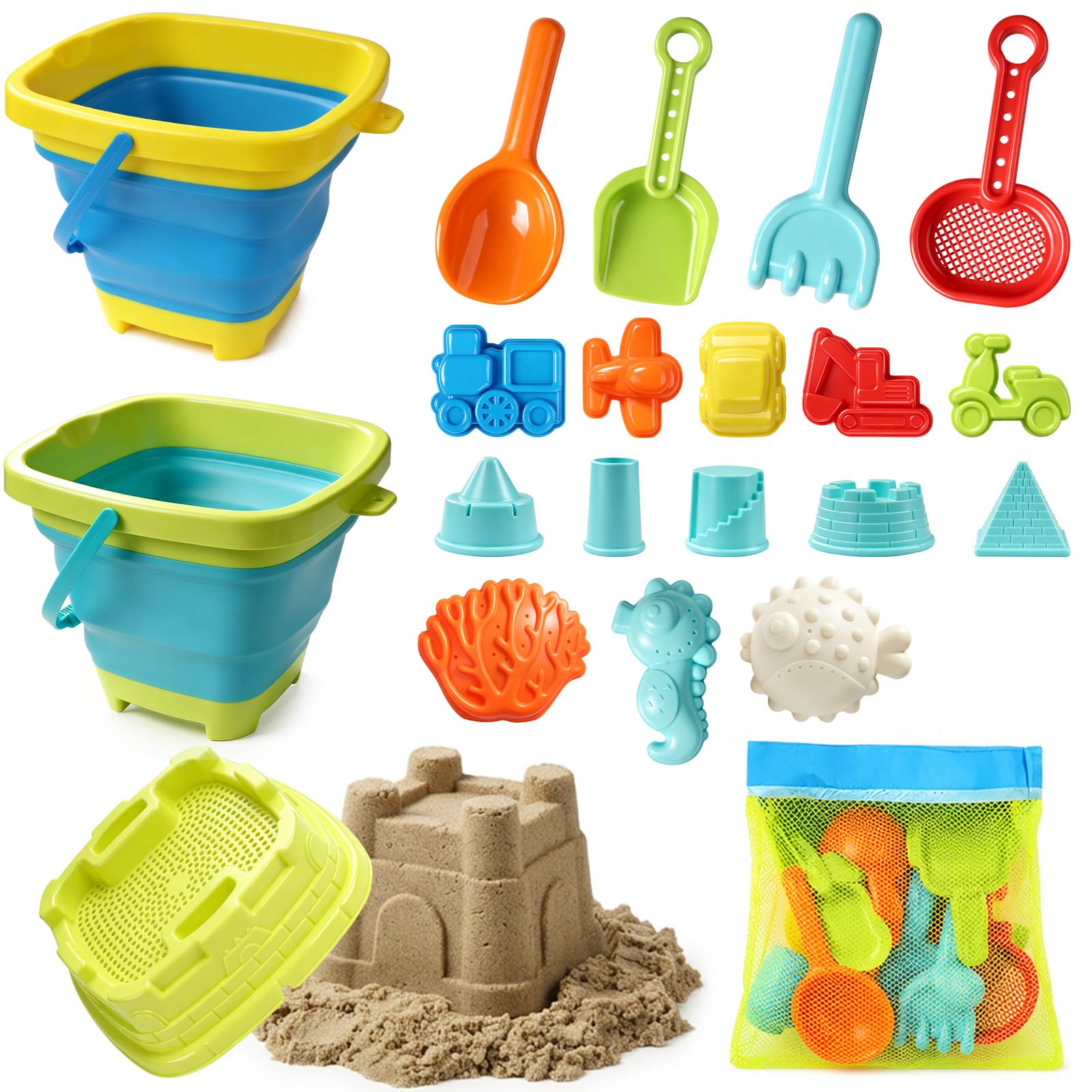 21 in 1 Sandspielzeug, Strandspielzeug Kinder Sandkasten Spielzeug mit Faltbarer Eimer, Innovative Handtaschen, Sandschaufel, Sandformen, Tragbar und platzsparend für Jungen Mädchen Kinder