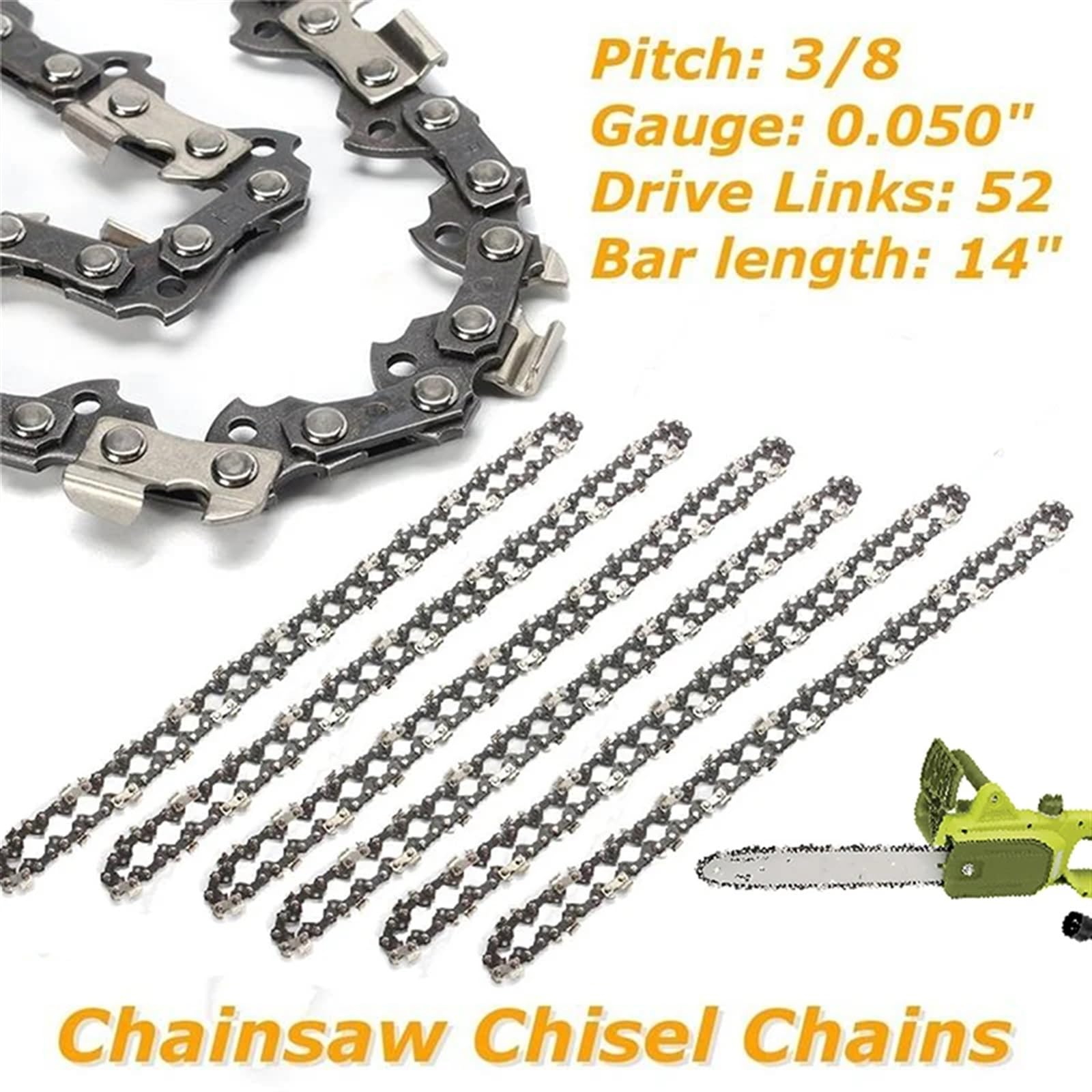 Cadena De Motosierra Motosierra de Cadena de Acero Inoxidable de 14 Pulgadas, Repuesto de Motosierra eléctrica semicincel de 3/8 "LP .050" 52 DL for poda de Registro de carpintería(6X Chain)