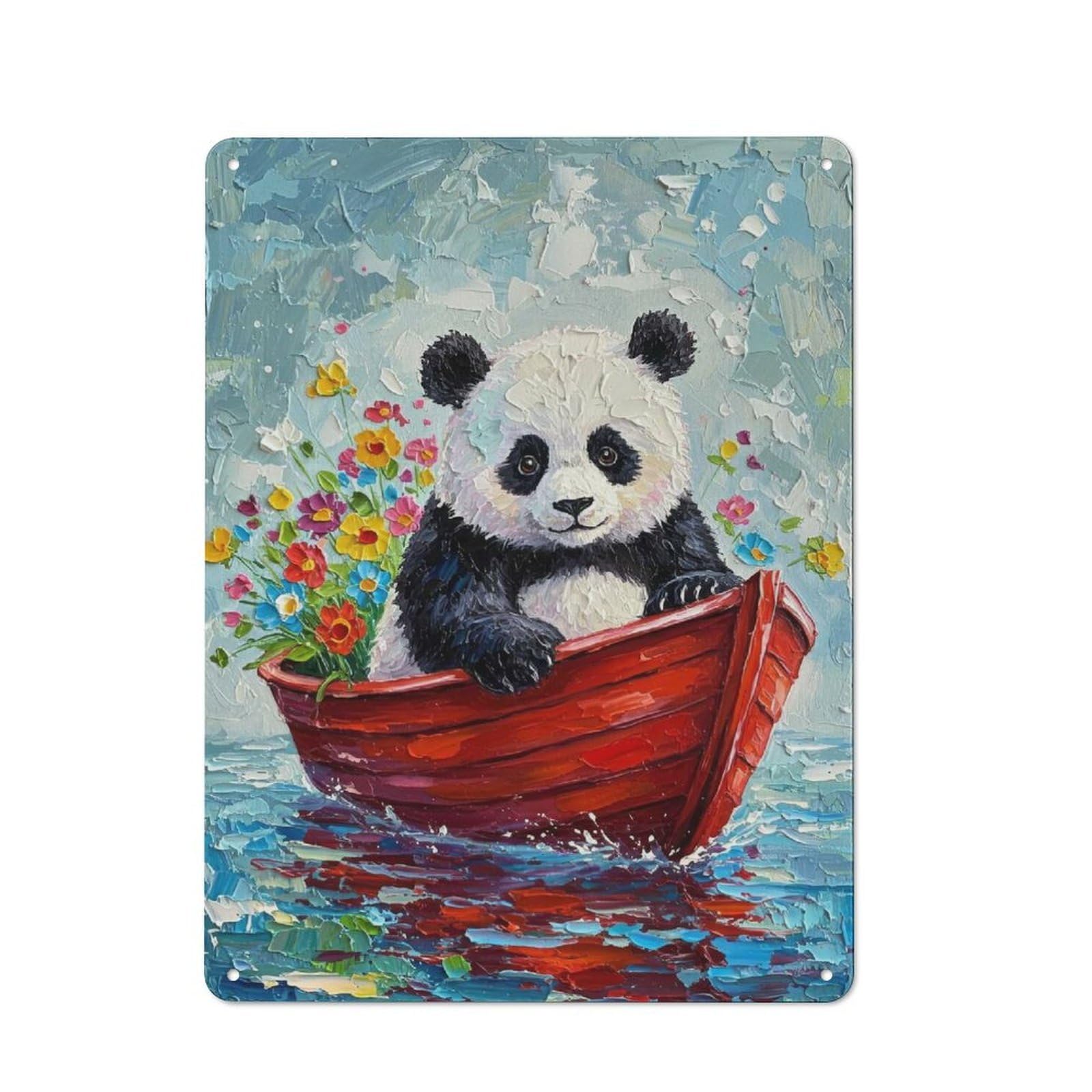 Junmoney Panda In Boat With Flowers Painting Retro Metal Plaque 40X30cm For Lounge Or Reading Corner, Suited To Lounge Decor Fans