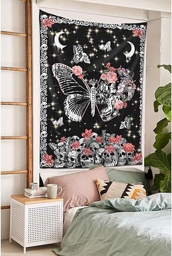 Miniatura 4 de D-Story Tapiz para colgar en la pared, tapiz de calavera, esqueleto, luna, mariposa, flores, decoración del hogar, tapiz de pared de calavera, telón