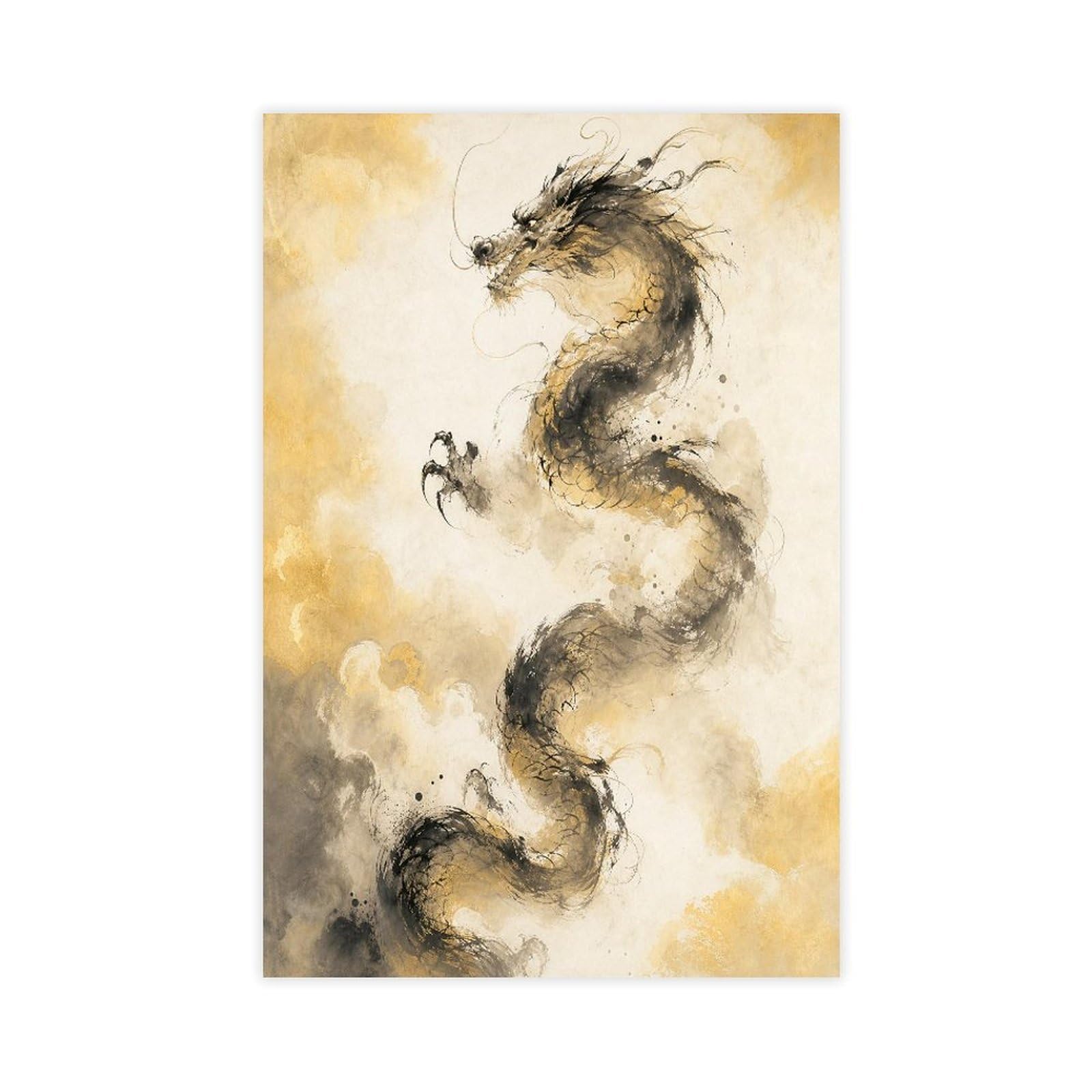 H3b8u2y5 Unframe-Style-8 Ink Dragon With Small Bird Canvas Wall Art, Gongbi Painting Bedroom