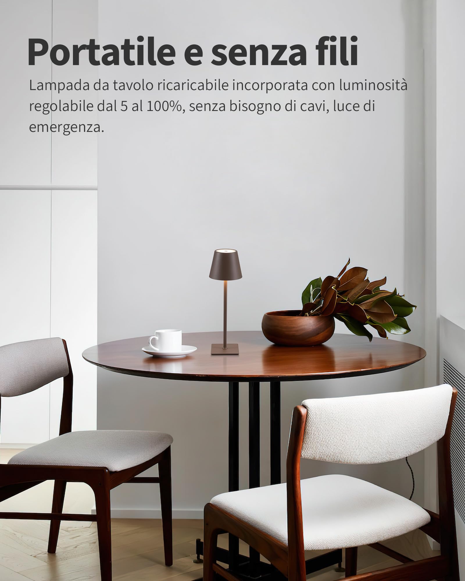 VISDANFO 2 Pezzi Lampada da Tavolo LED Senza Fili, Ricaricabile 5000mAh, Dimmerabile, 2700-6000K, Lampada da Comodino Batteria per Camera da letto, Sala da pranzo, Esterno, Impermeabile (Marrone)