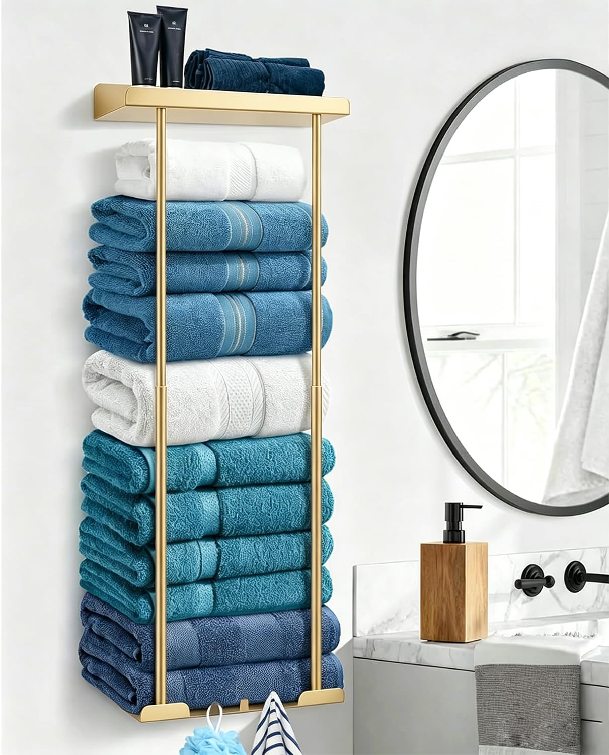 Towel Rack, Towel Storage Self Adhesive, Towel Holder Wall Mounted, Adjustable Bathroom Towel Storage, Towel Rack Wall Mounted, Gold Towel Rail Bathroom Towel Holder, No Drilling Bathroom Storage