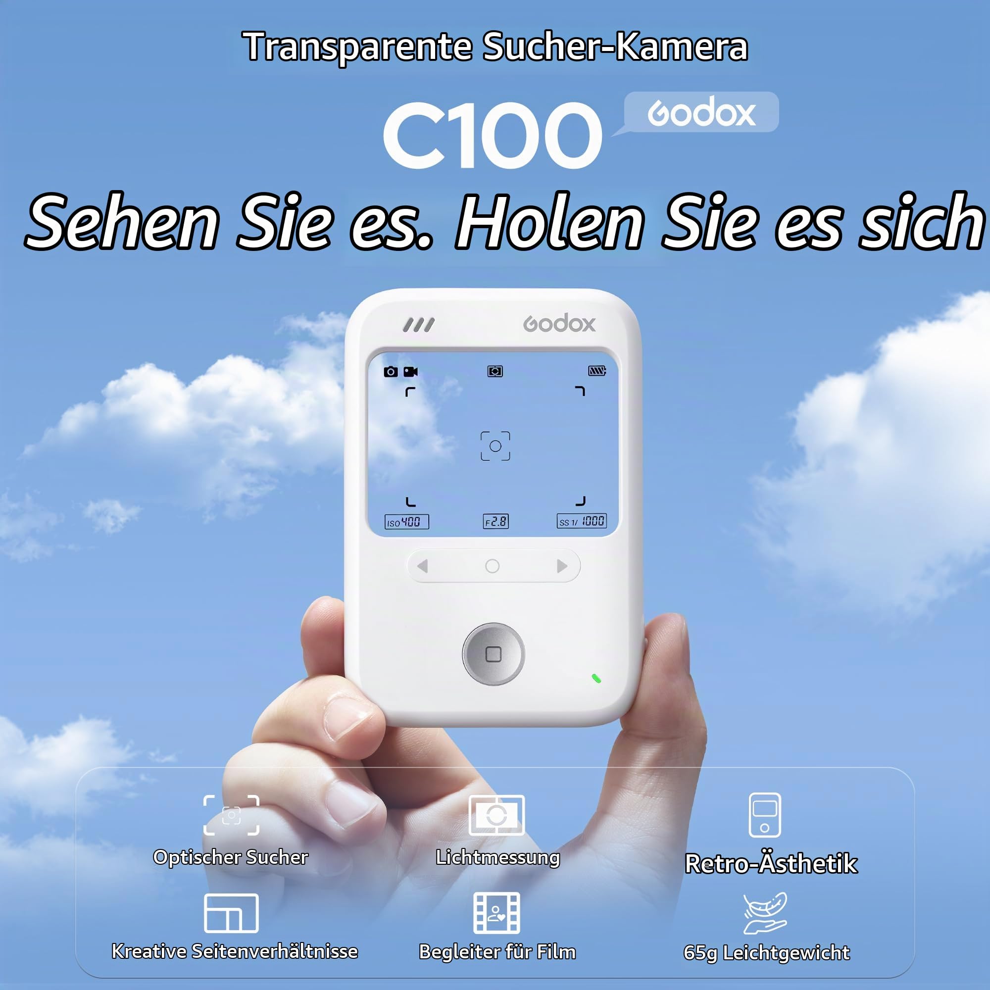 Godox C100 Belichtungsmesser Kamera mit transparentem Sucher und OTG | Optischer Sucher mit nahtlosem HUD-Display Vier kreative Seitenverhältnisse für Porträts, Street-Mobile-Fotografie