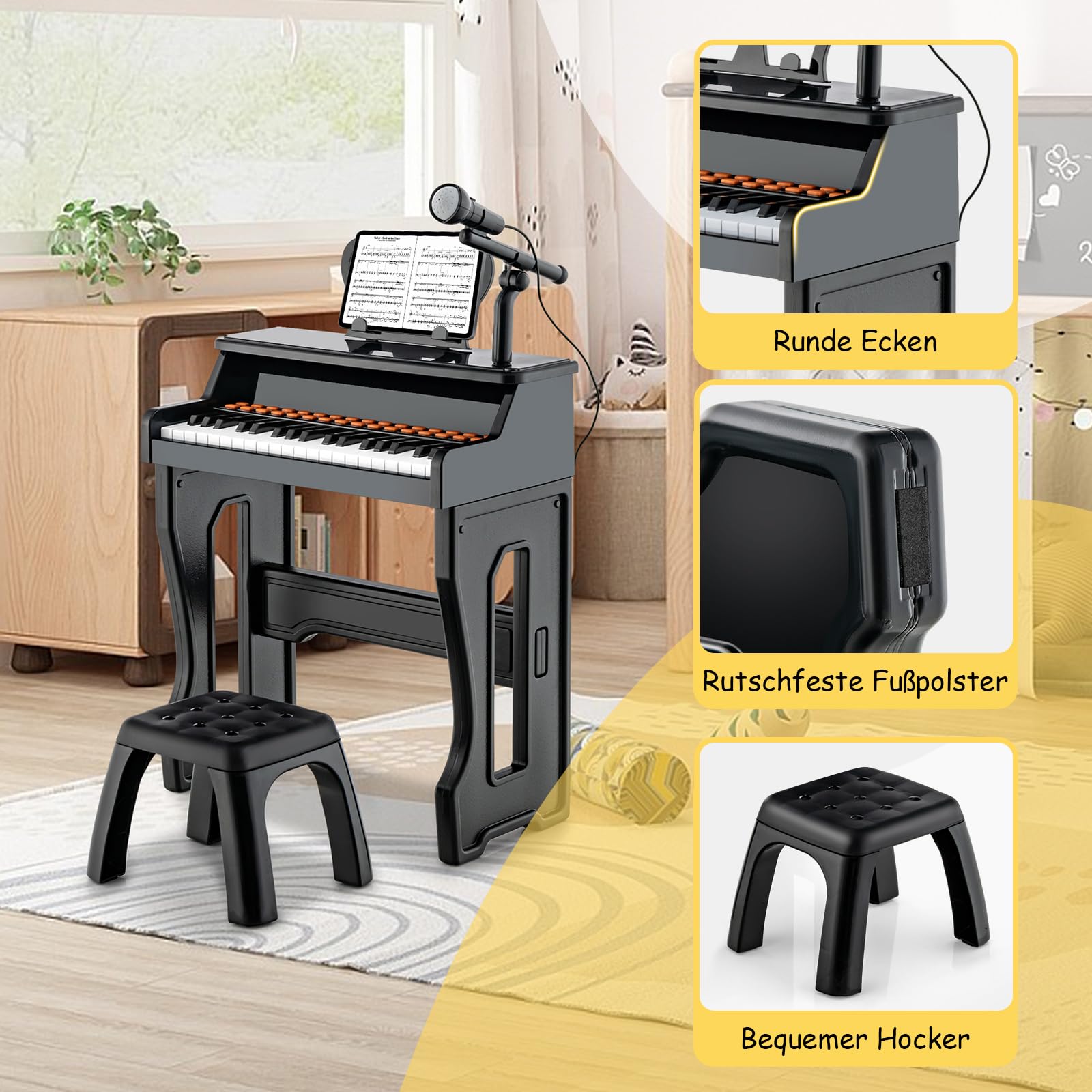 COSTWAY 37-Tasten Kinder Keyboard, elektronisches Kinderklavier mit Hocker, verstellbarem Mikrofon & Notenständer, Kinderpiano Klaviertastatur für Kinder ab 3 Jahren (Schwarz)