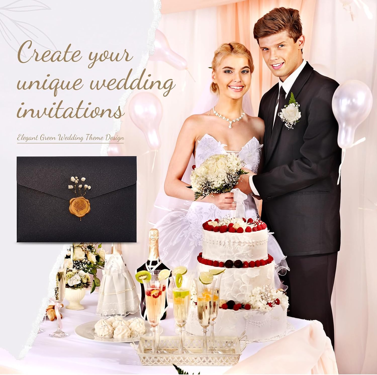 50 Set Wedding Invitation Kits Trifold Pockets,Black,Gold