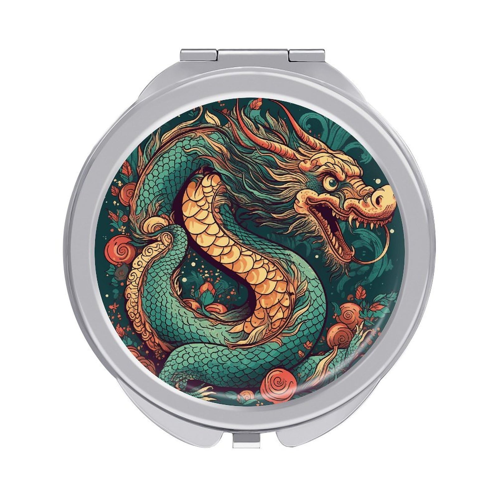 Fekiloot Style Oriental Dragon Pattern Travel Makeup Mirror Handheld Compact Mirror Portable Pocket Mirror Double-Sided 1X/2X Magnifying For Handbag And Purses