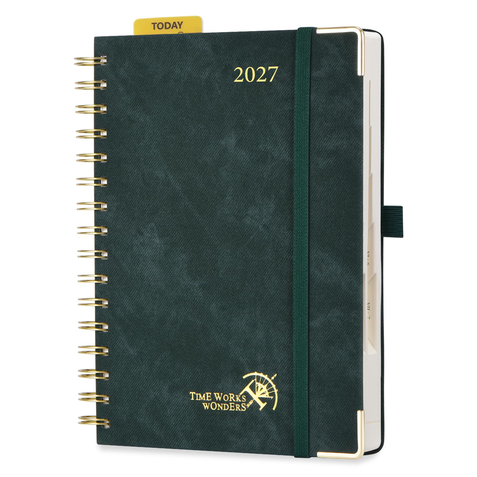 POPRUN Kalender 2027 Tagesplaner A5(21 x 14,5cm) Terminplaner mit PU-Leder | Spiralbuch,(Jan.2027-Dez.2027),1 Tag 1 Seite,(Montag - Sonntag),2 goldgeprägte Ecken,80 GSM Papier(Tiefgrün)