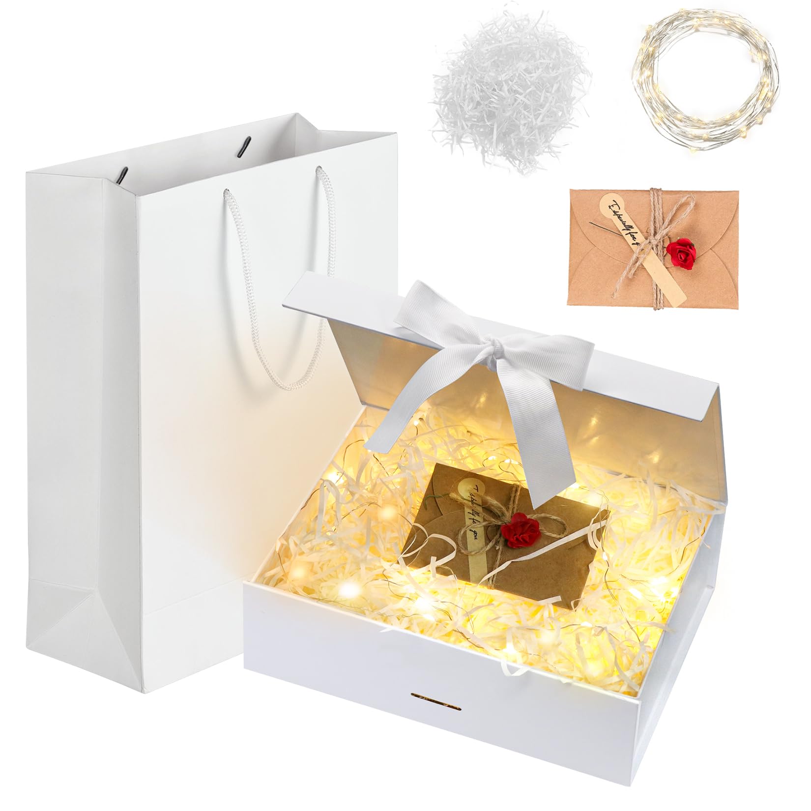 Idota Gift Box with Lid, Black Gift Box with Bow, Bag, Ribbon, Light, Raffia, Greeting Cards, Gift Boxes for Wedding, Birthday, Christmas, Anniversary (White S)