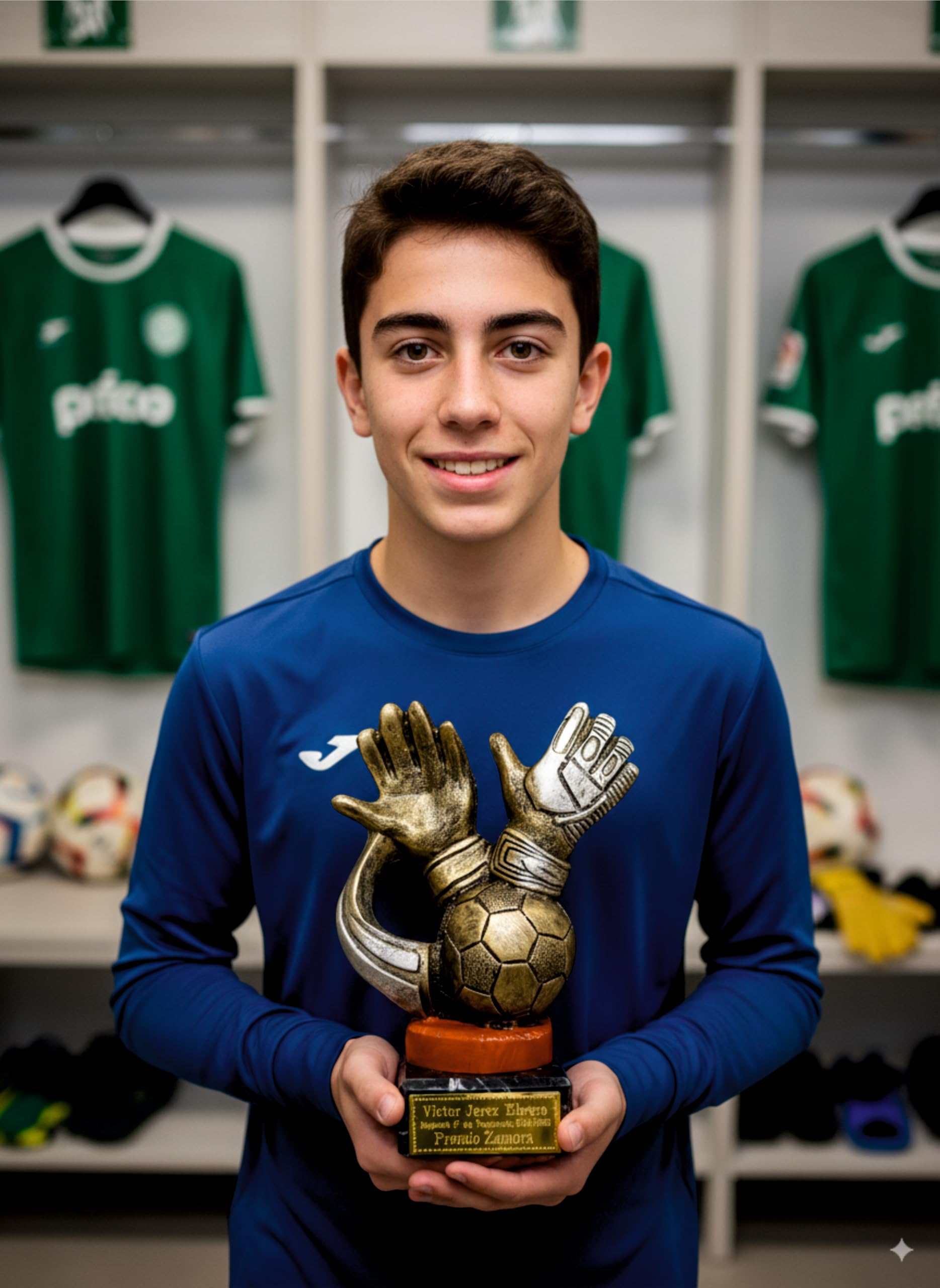 Trofeo Portero Fútbol GRABADO Premio Zamora PERSONALIZADO guantes y balón color dorado de 19cm de altura