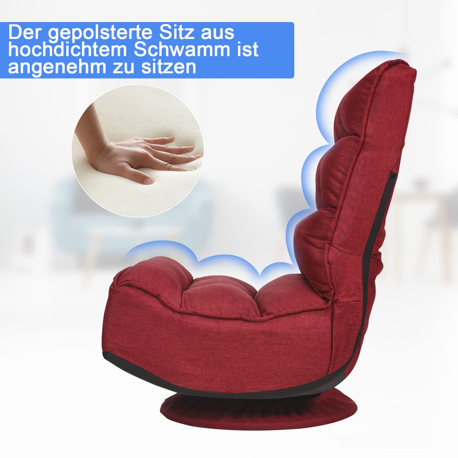 GOPLUS 360° drehbarer Bodenstuhl, klappbarer Bodensessel mit Verstellbarer Rückenlehne, Gamingsessel, Bodensofa, Meditationsstuhl, bis 120kg belastbar, für Zuhause & Büro (Rot)