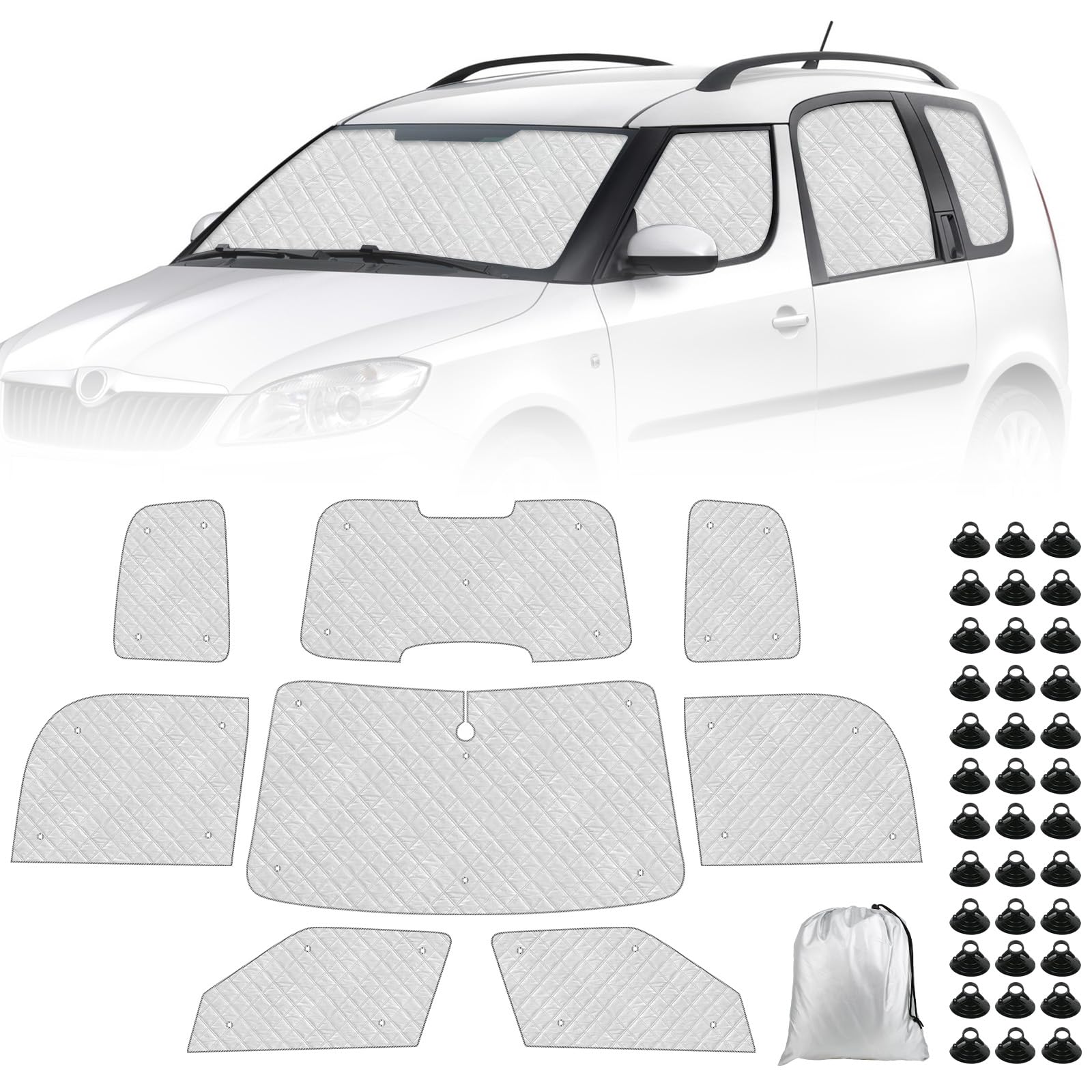 8 Piezas Parasol del Parabrisas Automóvil Reemplazo para Skoda Roomster/Praktik 2006-2015, Tapete Térmico con Tecnología, Cubierta de Visera Plegable Papel Aluminio