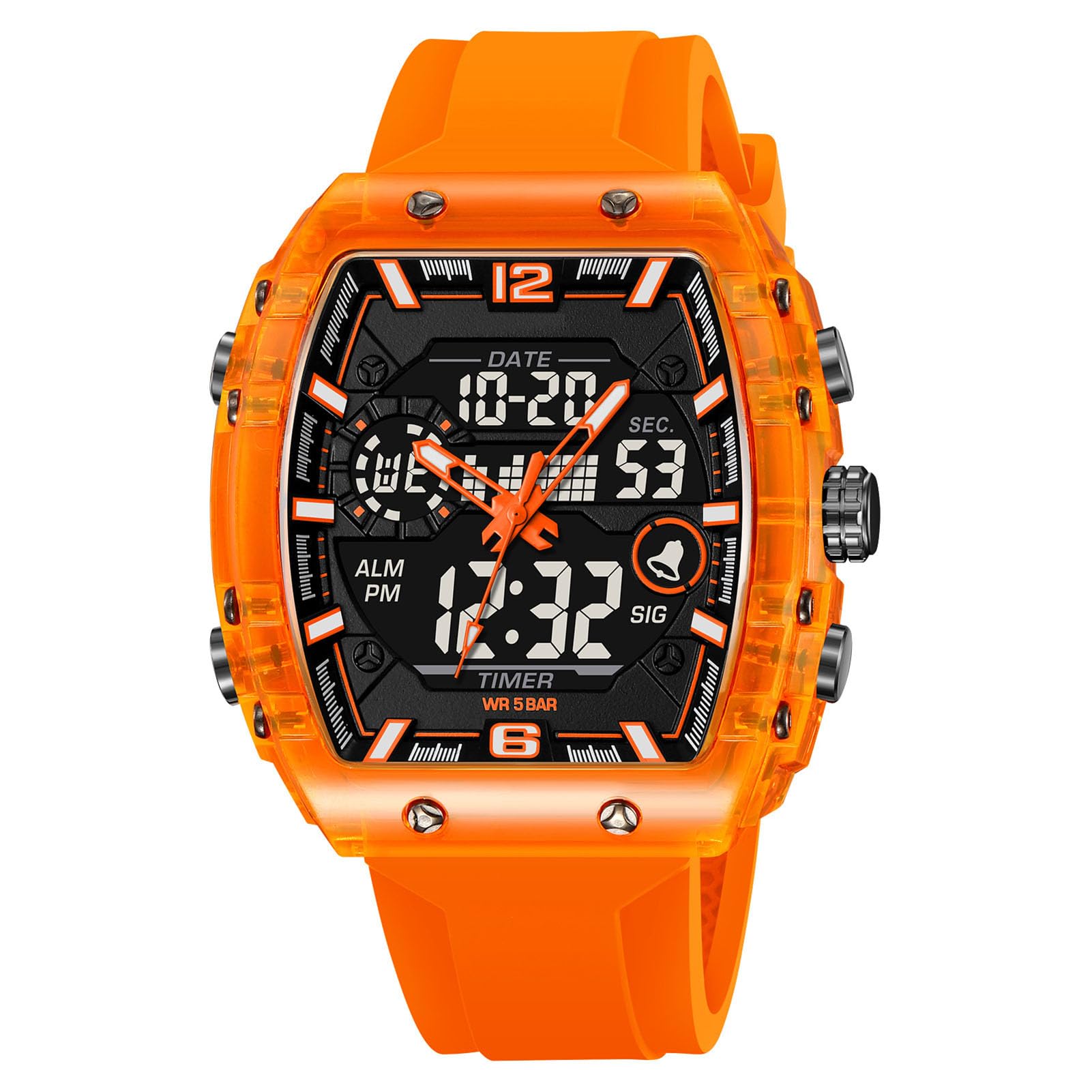 Reloj militar táctico deportivo para hombre, cronómetro de gran esfera 5 ATM, alarma retroiluminada, reloj de pulsera para exterior analógico digital, naranja, correa