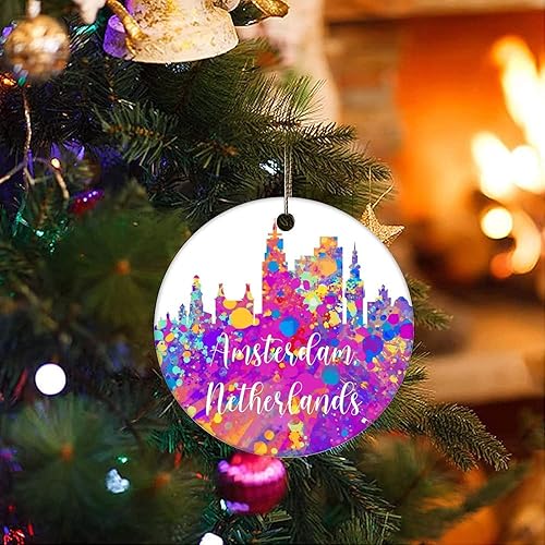 Vista 7 de Two-Side Printed Netherlands-Rotterdam Ceramic Christmas Ornament, Novelty for Family Friends Kids, Colorful City Painting Christmas Keepsake