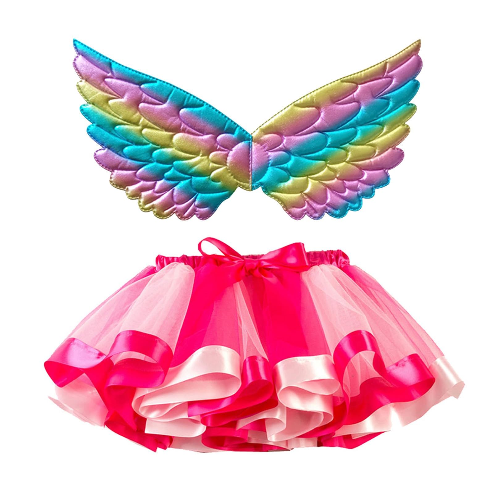 Girls Rainbow Flower Tulle Skirt Toddler Kids Tutu Skirt with Wing Dance Ballet Dress Carnival Party (Pink, 9-11 Years)