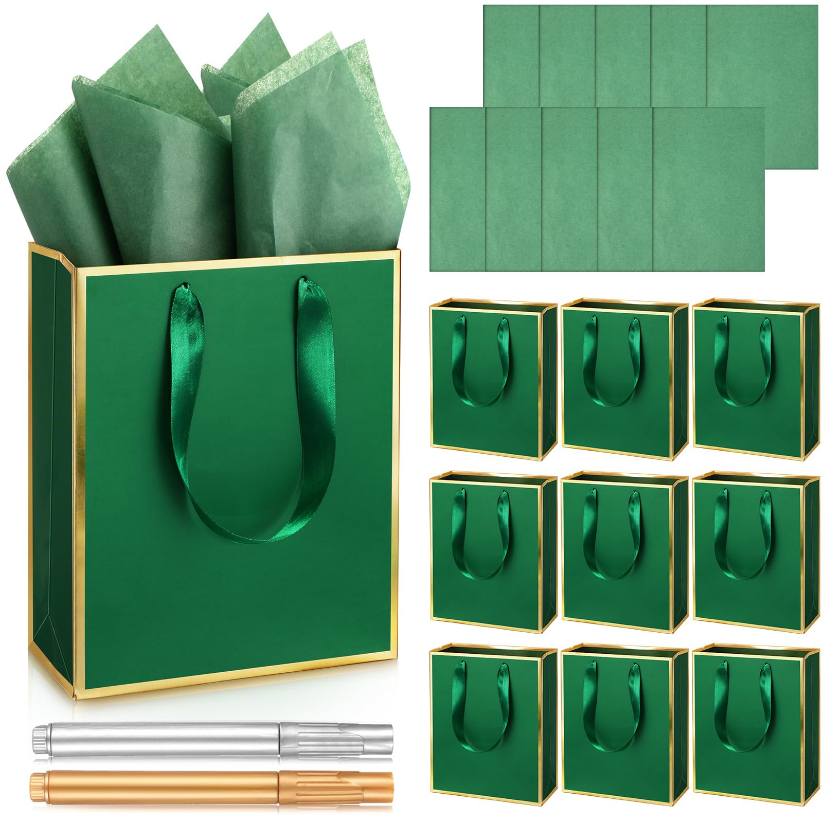 Yeaqee 10 Pack Metallic Paper Gift Bags with Handle Tissue Paper Thank You 5 Senses Gift Bag for Birthday Wedding Baby Shower Groomsmen Bridal Graduation Party Favor 9 x 7 x 3.15''(Green, Gold)