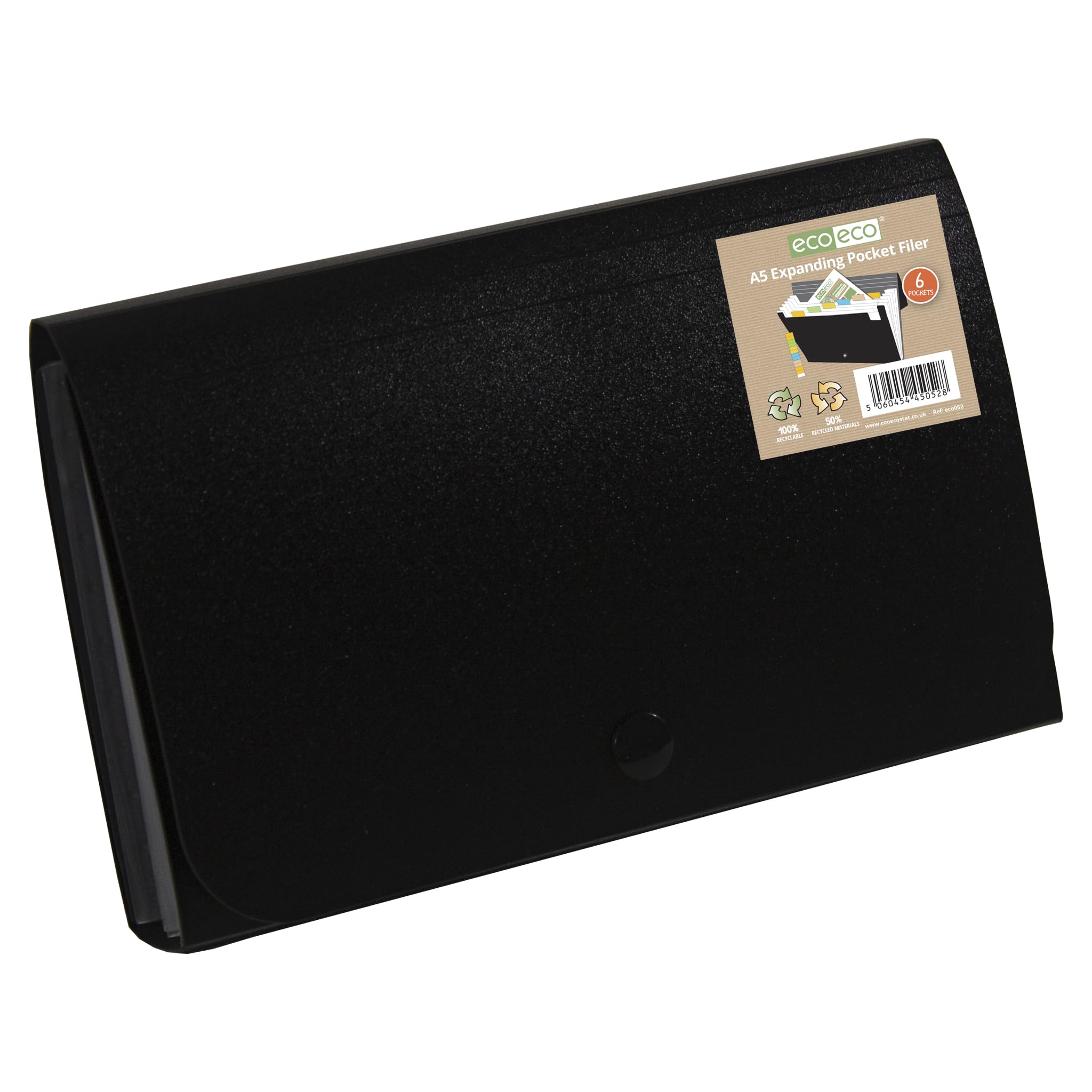 eco-eco A6 6-Pocket Expanding File, Black, 50% Recycled, Colour Index Tabs, Model eco052
