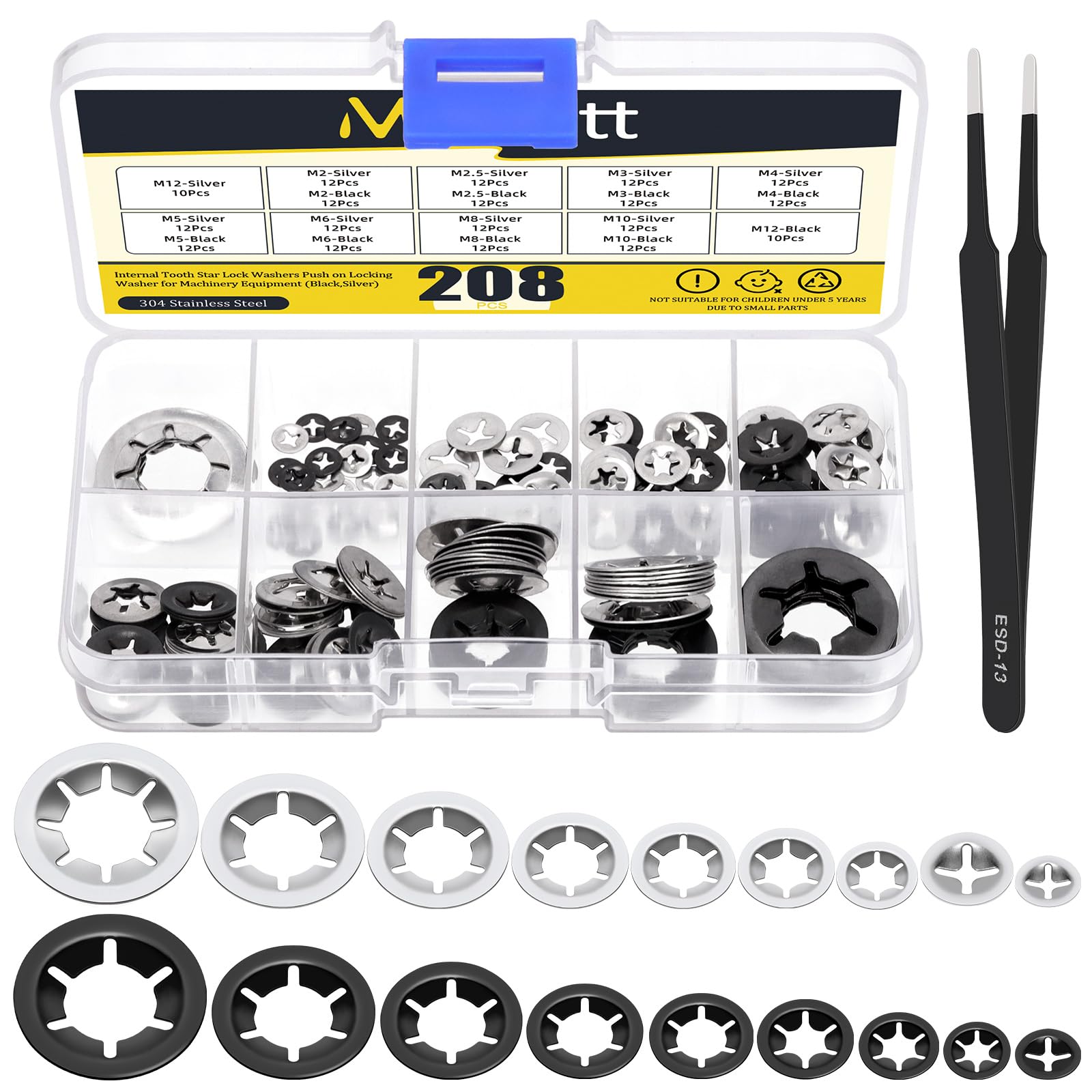 Mardatt 209Pcs Internal Tooth Star Lock Washers Kit, Quick Speed Locking Washers Push Nuts