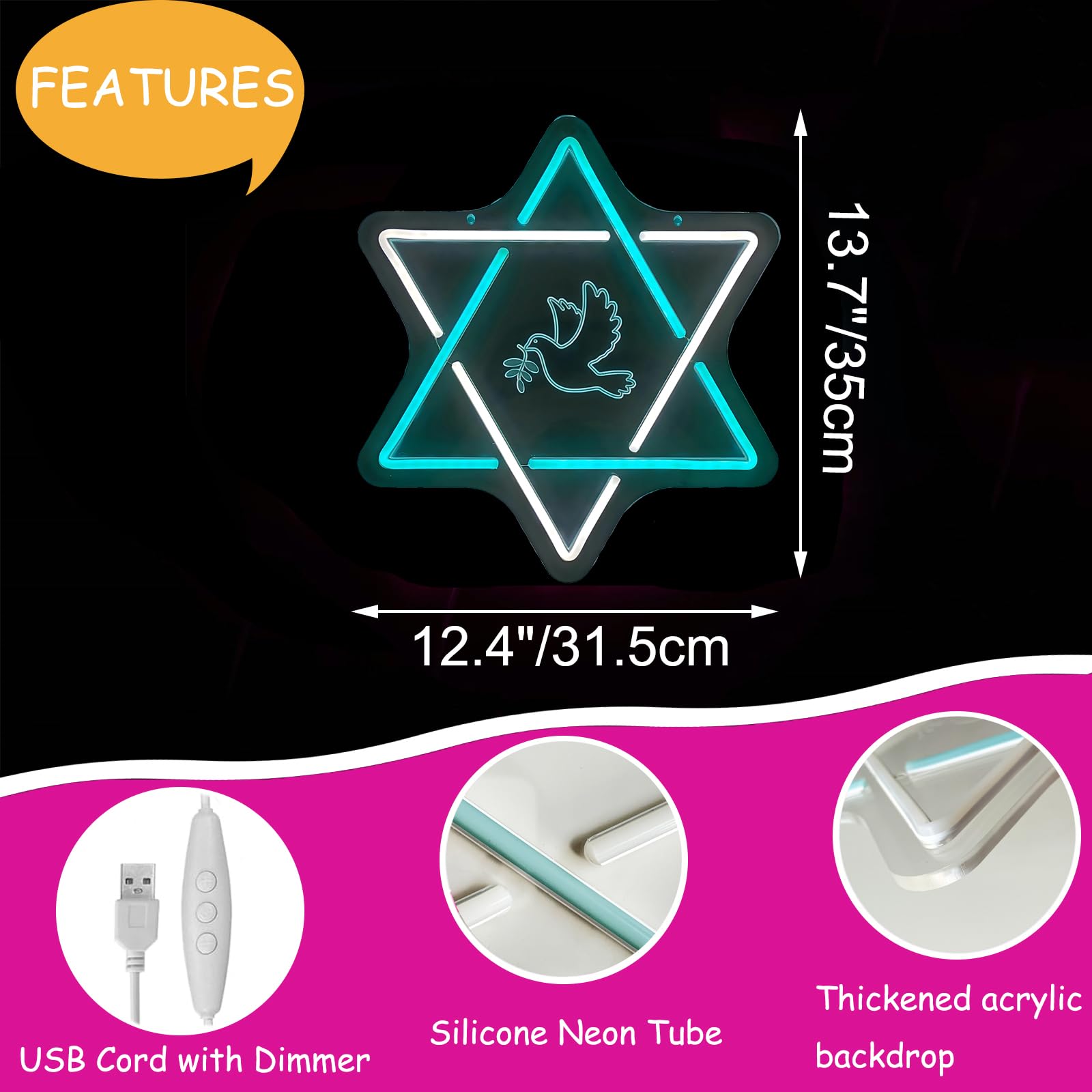 Star of David Hanukkah - Insegna al neon a LED, decorazione per la casa, decorazione da parete Happy Hanukkah, alimentata tramite USB, regalo per le vacanze della Menorah ebraica in camera da letto