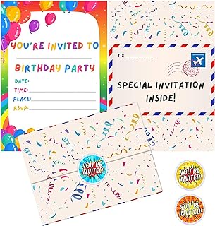 Xugoox Birthday Party Invitations, 24 Pieces Rainbow Kids Birthday Party Invitations Cards with Stickers for Boys Girls Birthday Party Invitations Cards