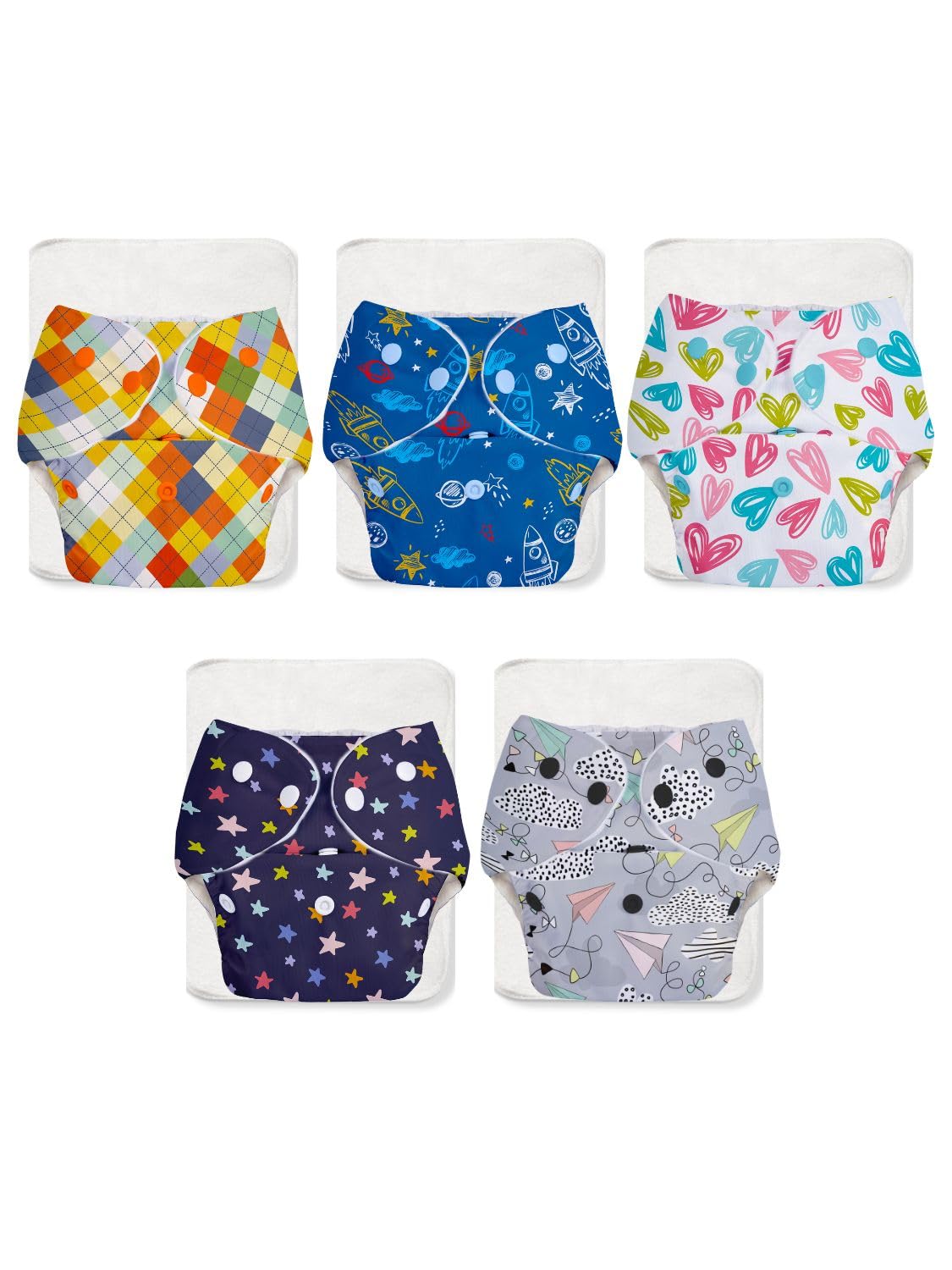 Superbottoms Basic Leakage-proof advanced cloth diapers for babies, High Absorbent 100% cotton 5 reusable diaper and 5 insert pad Combo Pack washable cloth diaper 3M -3Years Adjustable, Reduces Rash (5 Pcs)-image-9