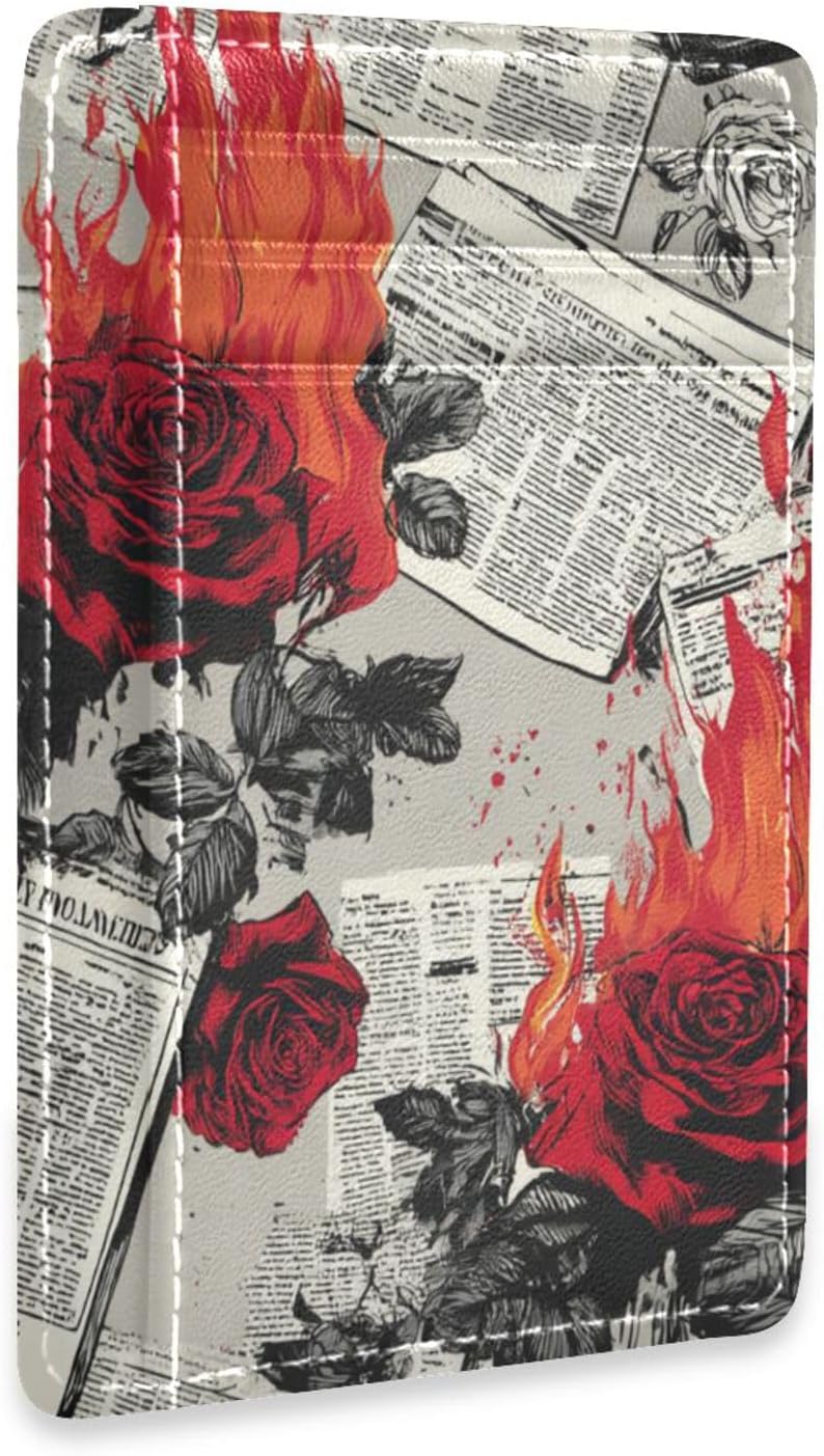 Newspaper Burning Red Roses Retro leather slim mens wallet with money clip RFID Blocking wallet card holder for men&women