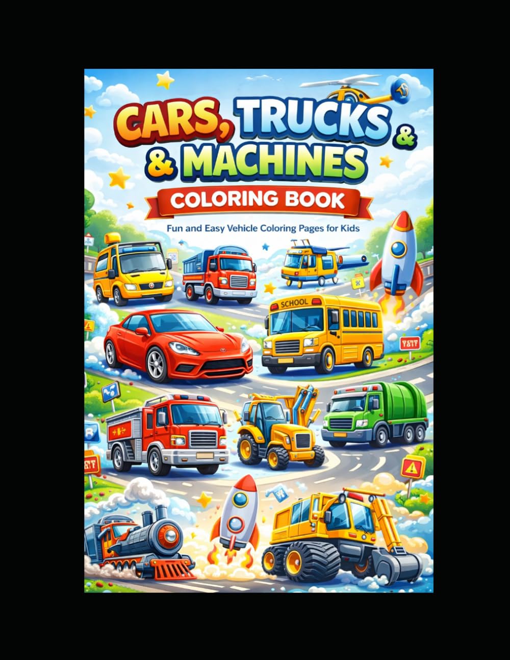 Cars, Trucks & Machines Coloring Book: Fun and Easy Vehicle Coloring Pages for Kids