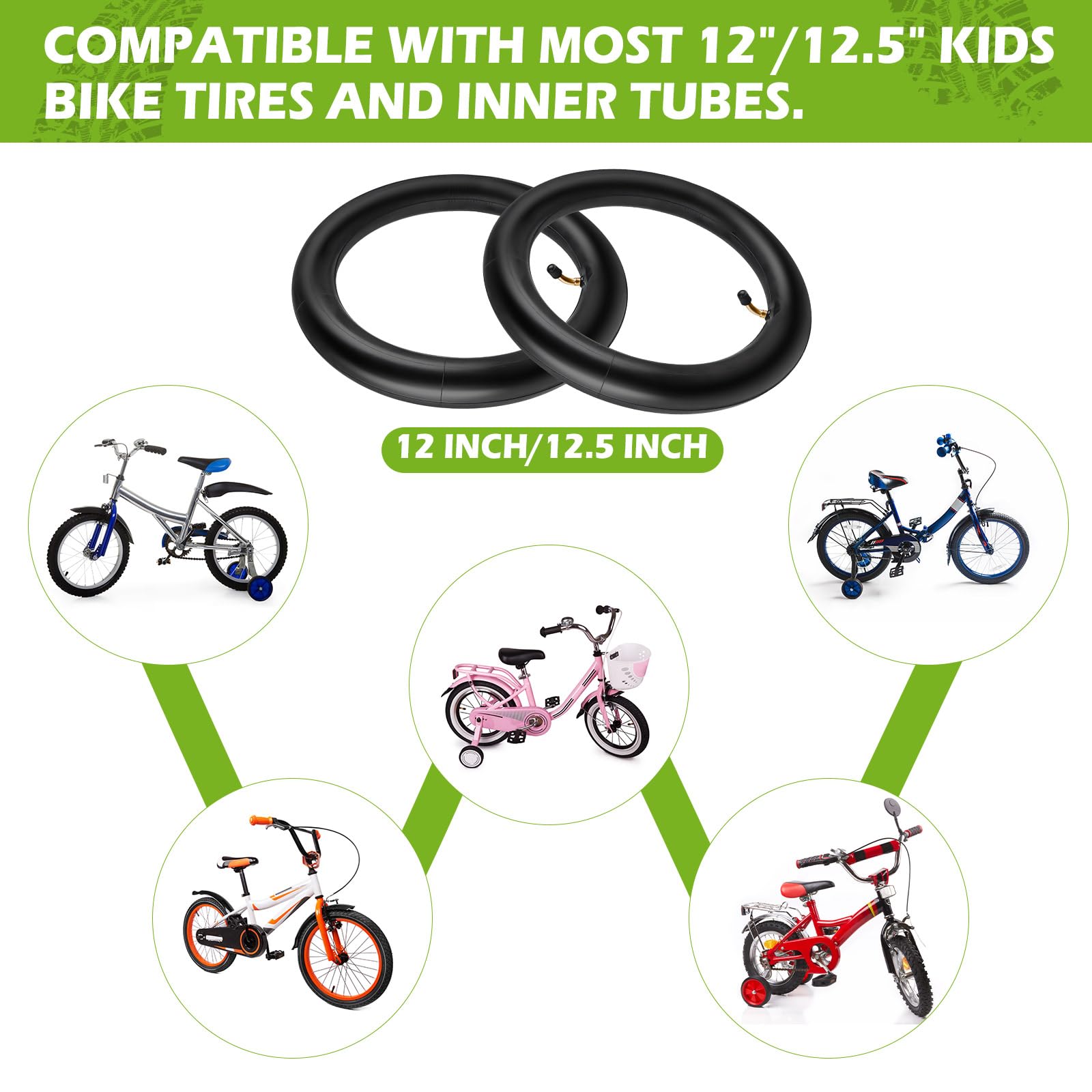 2 tubos interiores de 12½ x 2¼ (12.5 x 2.25) con válvula curva TR-87, compatible con la mayoría de bicicletas y cochecitos infantiles y más (12.5 x 1.75, 12.5 x 1.95, 12.5 x 2.125, 12.5 x 2.25)