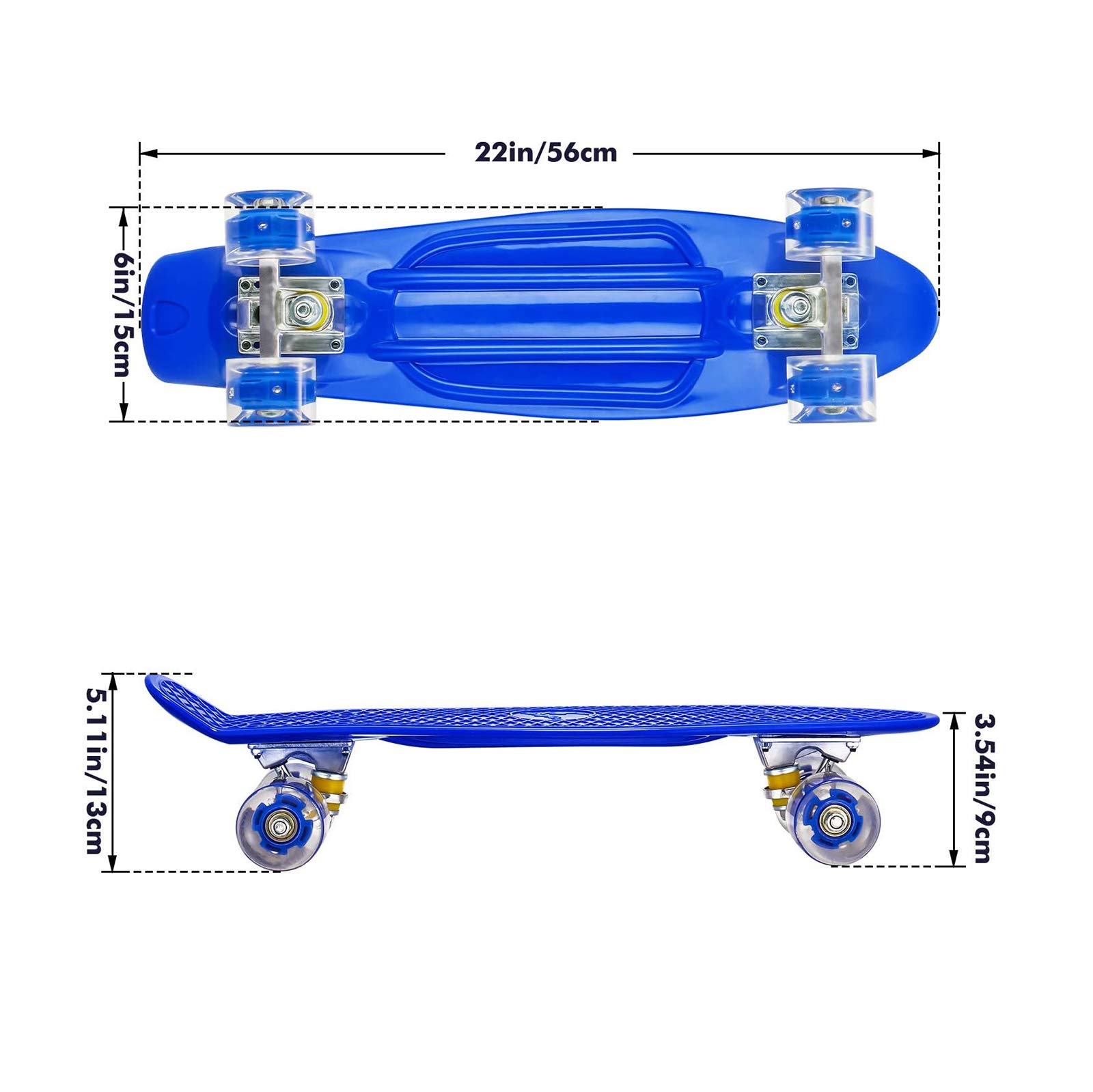 Skateboard Complet Mini Cruiser Planche À Roulettes En Plastique 22 Pouces Pour Enfants Garçons Filles Débutants Adolescents Adultes, LED Light Up Wheels with Bearings & All-In-One Skate T-Tool (Blue)